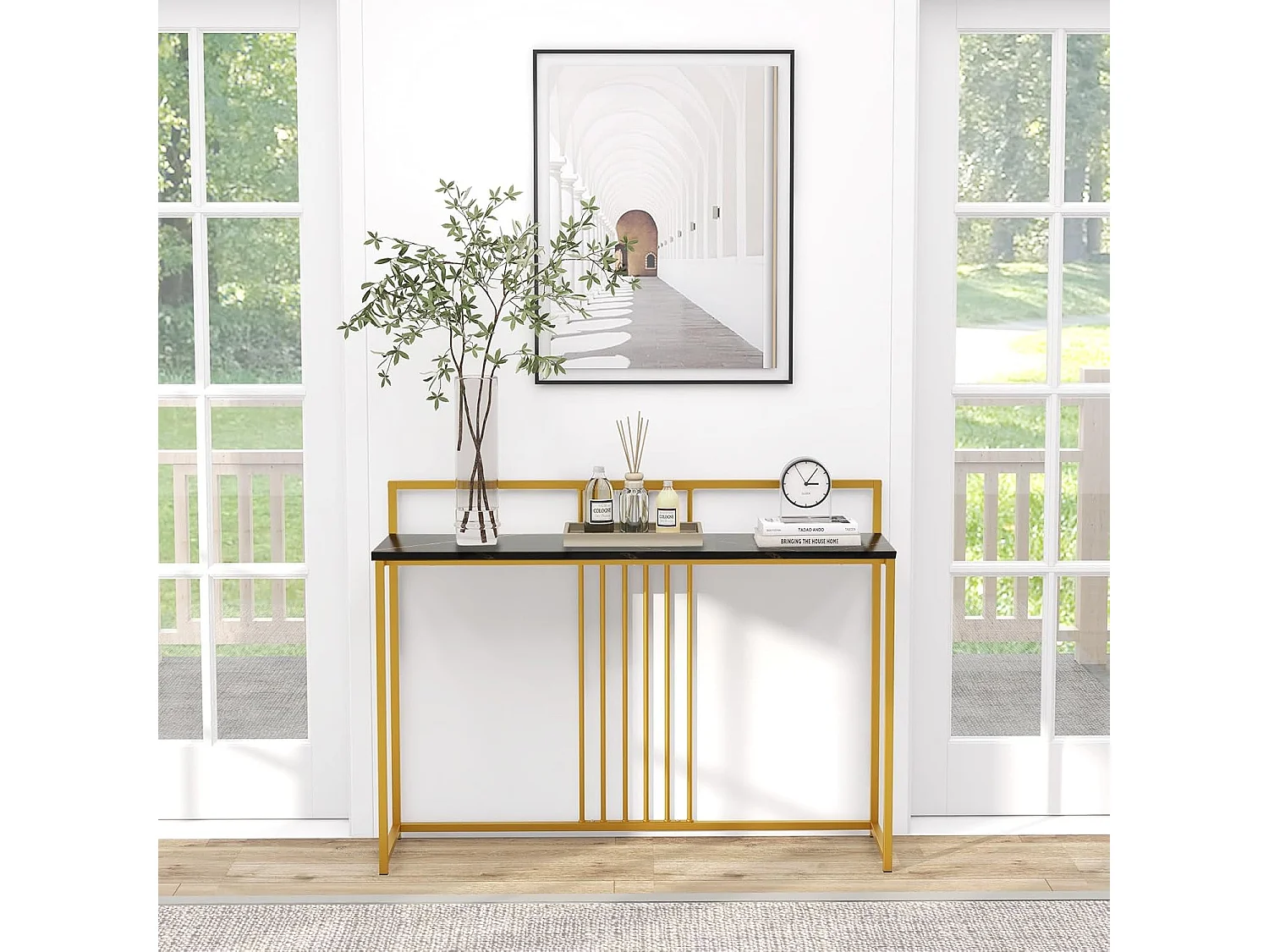 Consoletafel, bijzettafel, goudkleurig, haltafel, marmerlook, smal, goudkleurig metalen frame, 120 x 32,5 x 88 cm (zwart)VH32104