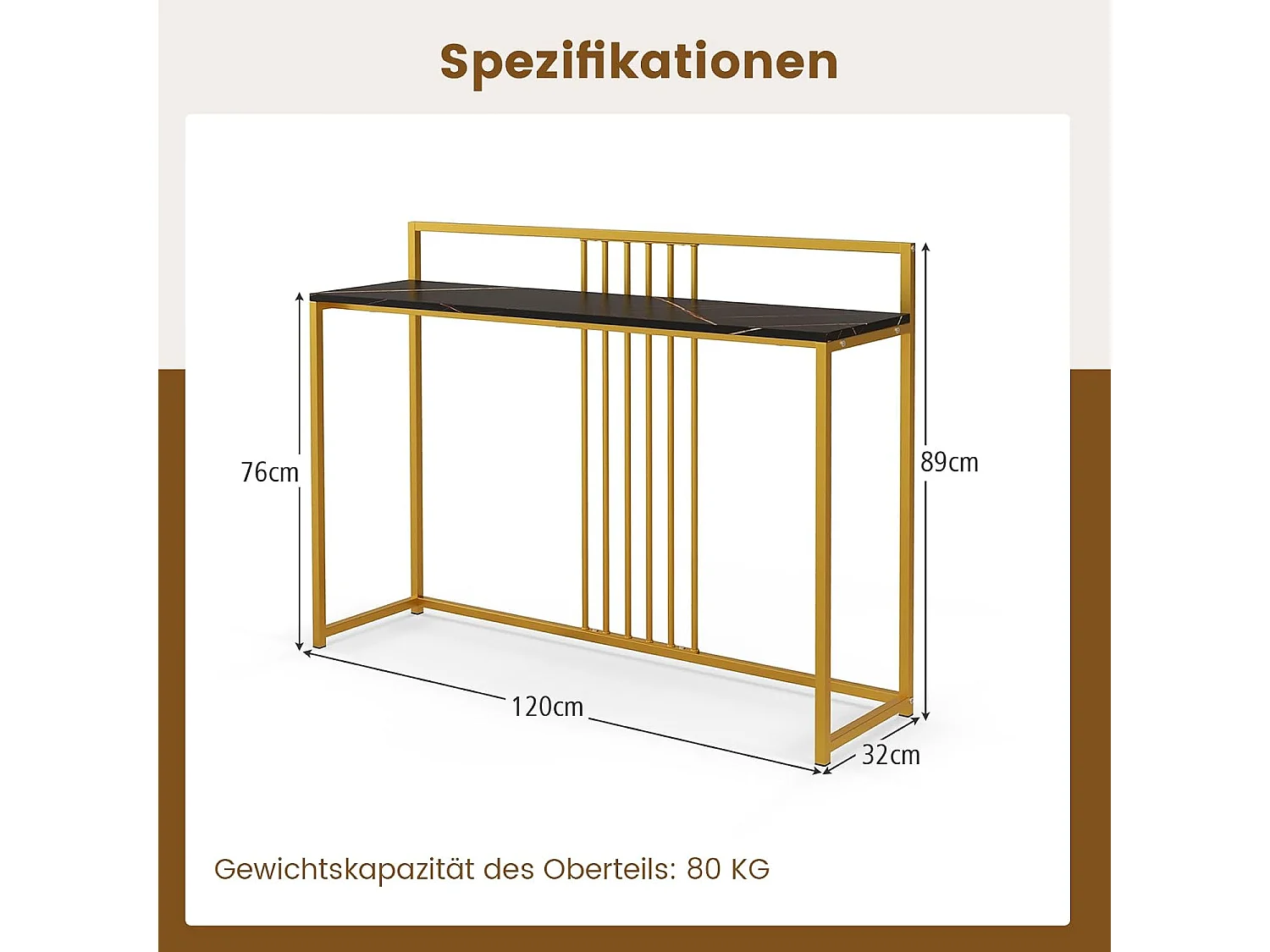 Consoletafel, bijzettafel, goudkleurig, haltafel, marmerlook, smal, goudkleurig metalen frame, 120 x 32,5 x 88 cm (zwart)VH32104