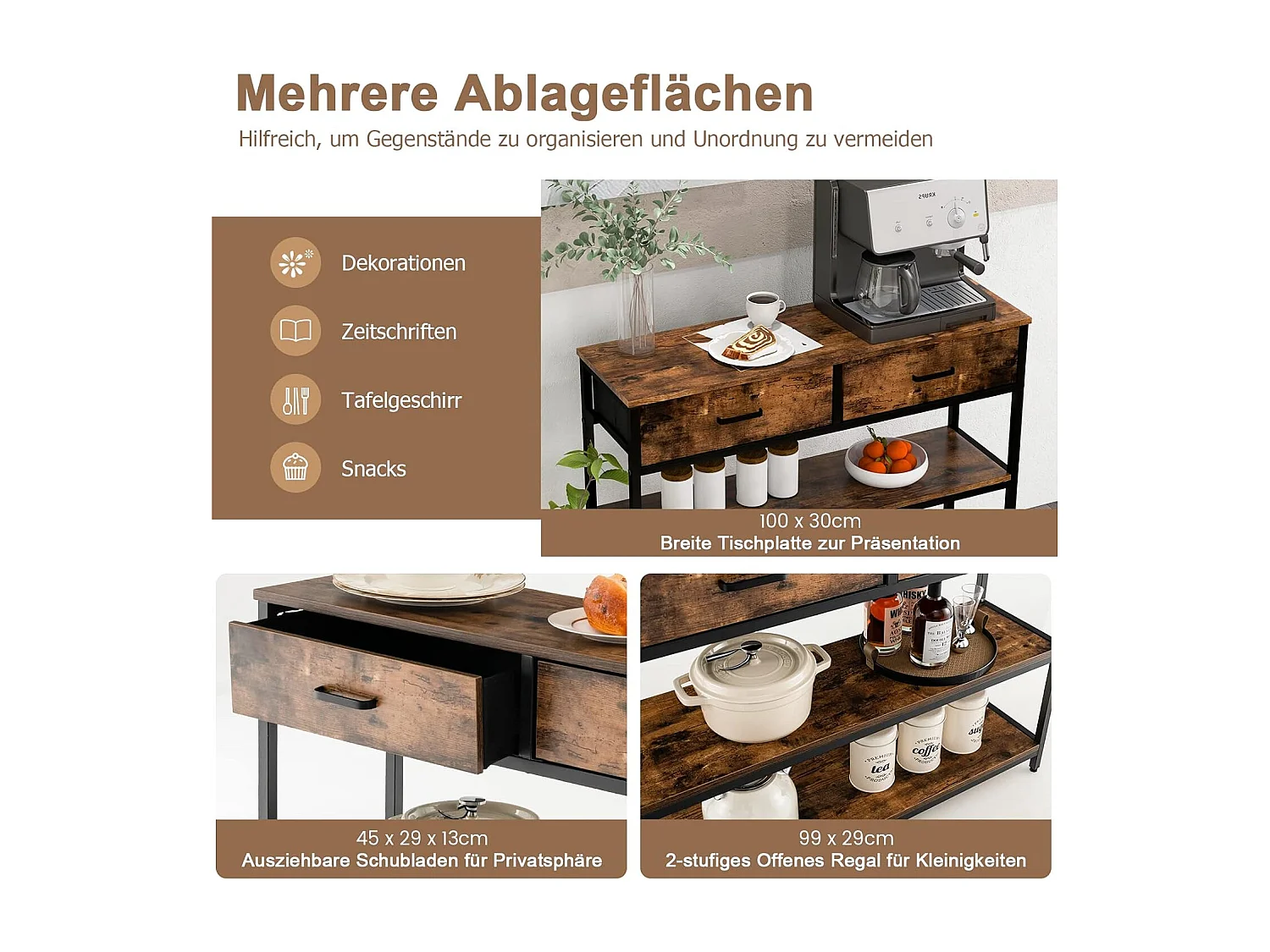 Consoletafel met lade, haltafel smal, 3 niveaus, bijzettafel met metalen frame, van hout, 100 x 30 x 80 cm, vintageVH32711