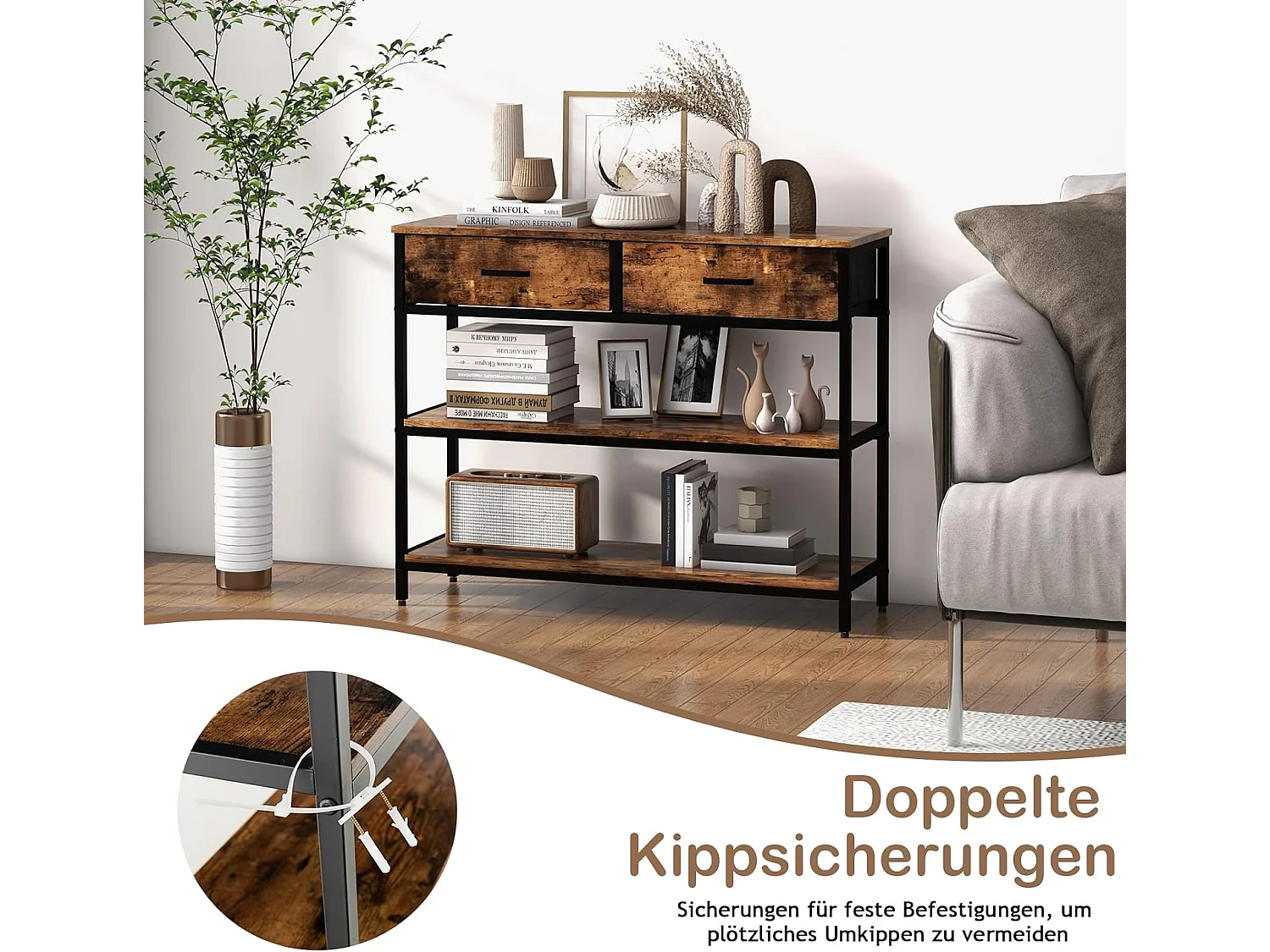 Consoletafel met lade, haltafel smal, 3 niveaus, bijzettafel met metalen frame, van hout, 100 x 30 x 80 cm, vintageVH32711