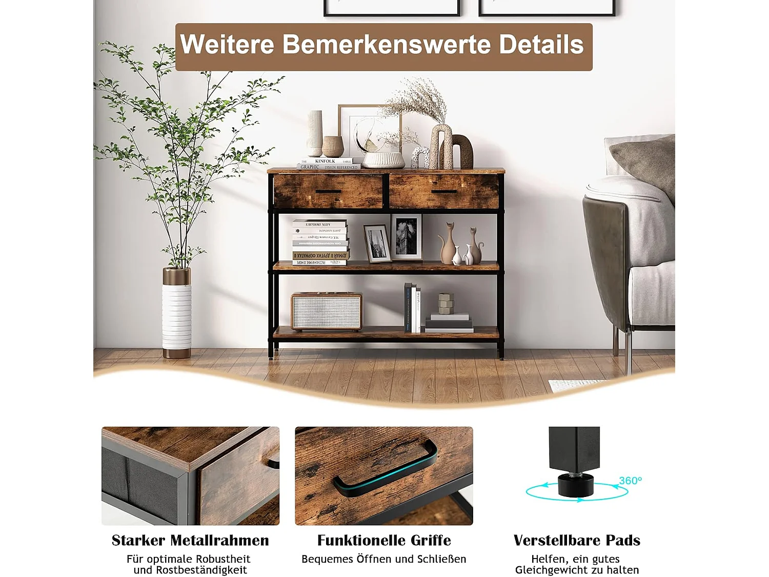 Consoletafel met lade, haltafel smal, 3 niveaus, bijzettafel met metalen frame, van hout, 100 x 30 x 80 cm, vintageVH32711