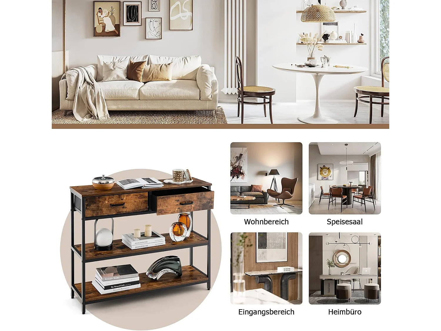 Consoletafel met lade, haltafel smal, 3 niveaus, bijzettafel met metalen frame, van hout, 100 x 30 x 80 cm, vintageVH32711