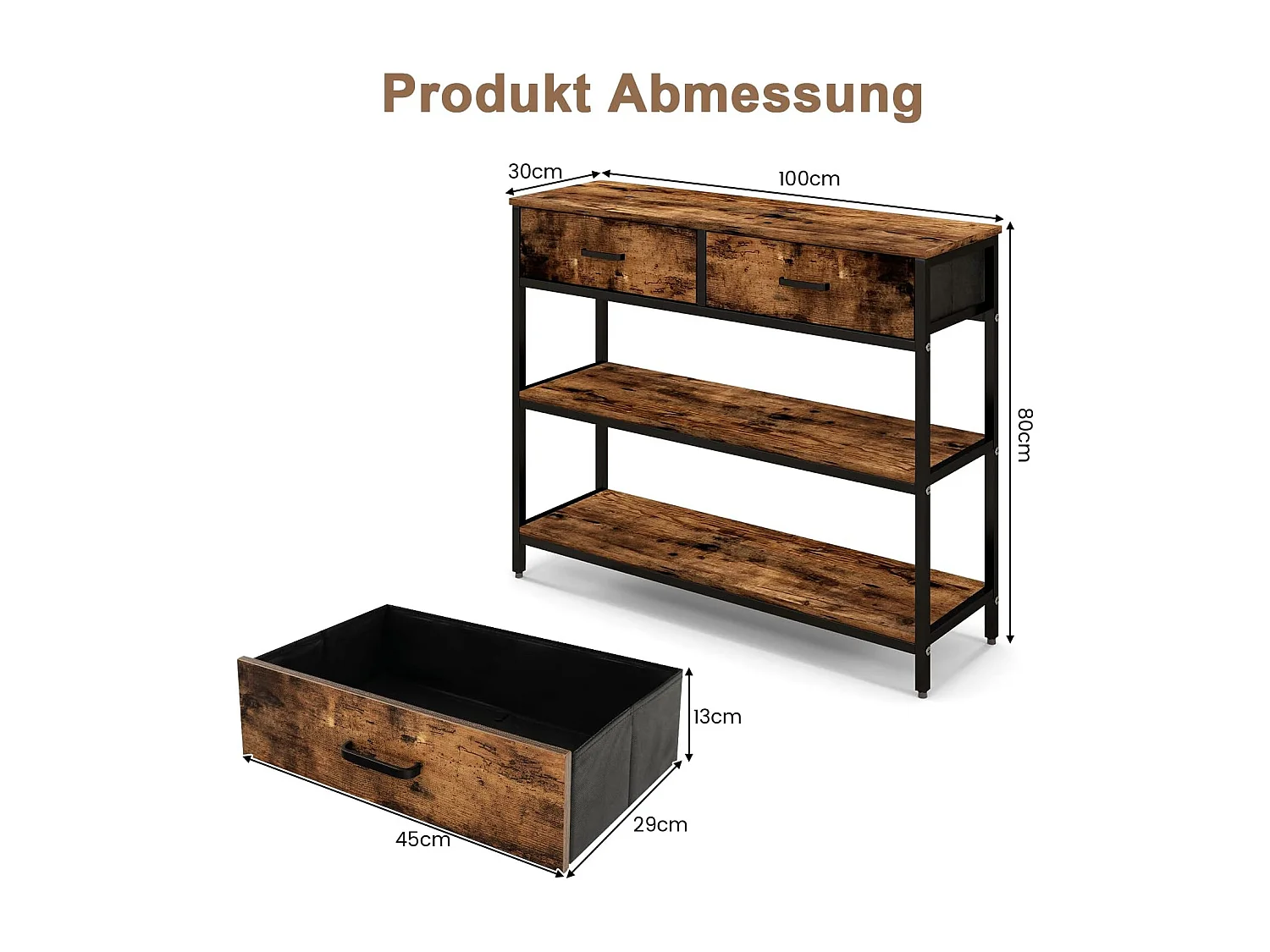 Consoletafel met lade, haltafel smal, 3 niveaus, bijzettafel met metalen frame, van hout, 100 x 30 x 80 cm, vintageVH32711