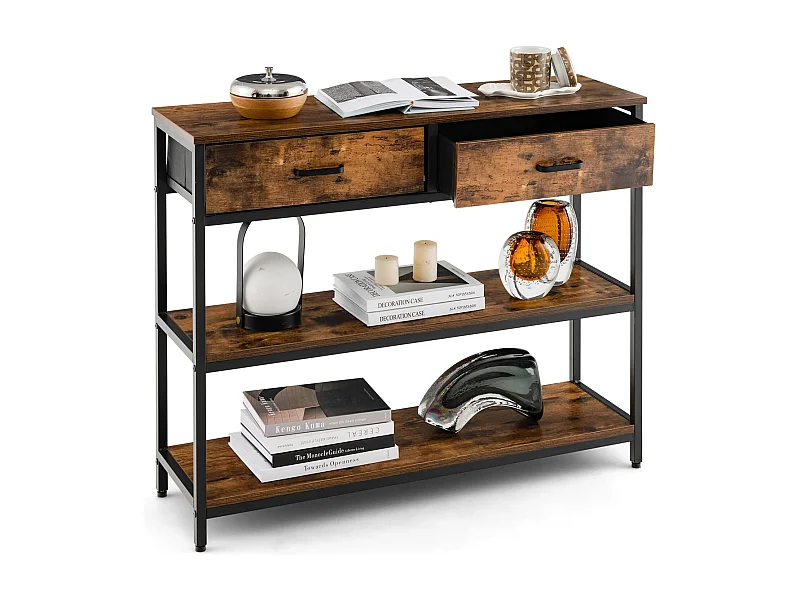 Consoletafel met lade, haltafel smal, 3 niveaus, bijzettafel met metalen frame, van hout, 100 x 30 x 80 cm, vintageVH32711