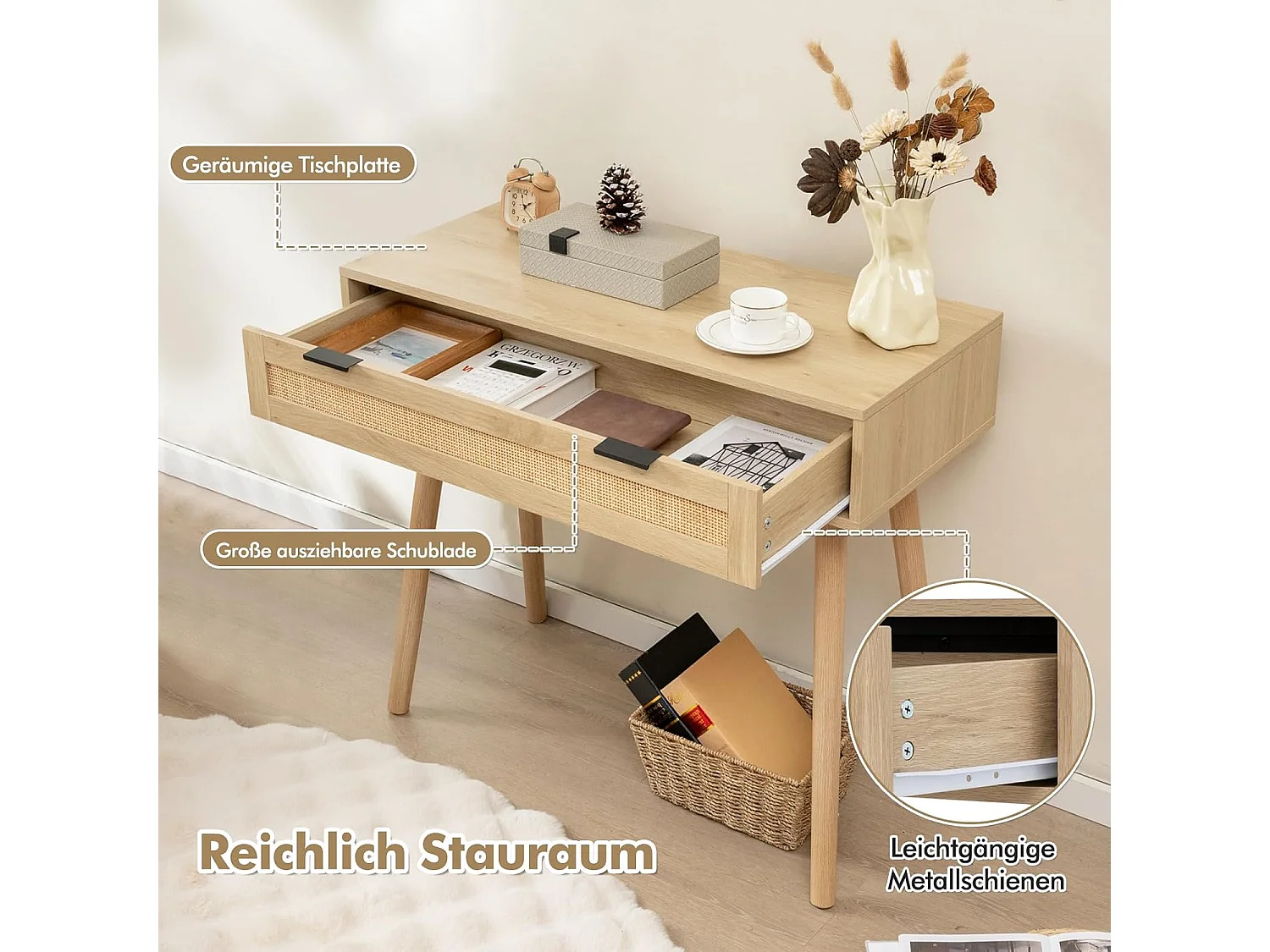 Consoletafel rotan, entreetafel van hout met lade, gangtafel in boho-stijl, bijzettafel voor hal, woonkamer, 88 x 40 x 77 cm, naturelVH33941