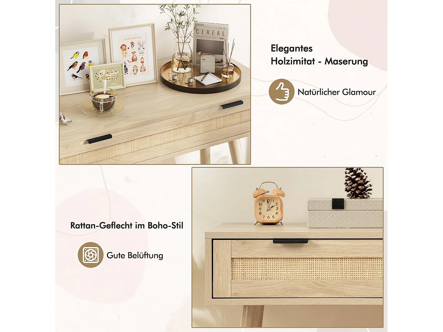 Consoletafel rotan, entreetafel van hout met lade, gangtafel in boho-stijl, bijzettafel voor hal, woonkamer, 88 x 40 x 77 cm, naturelVH33941