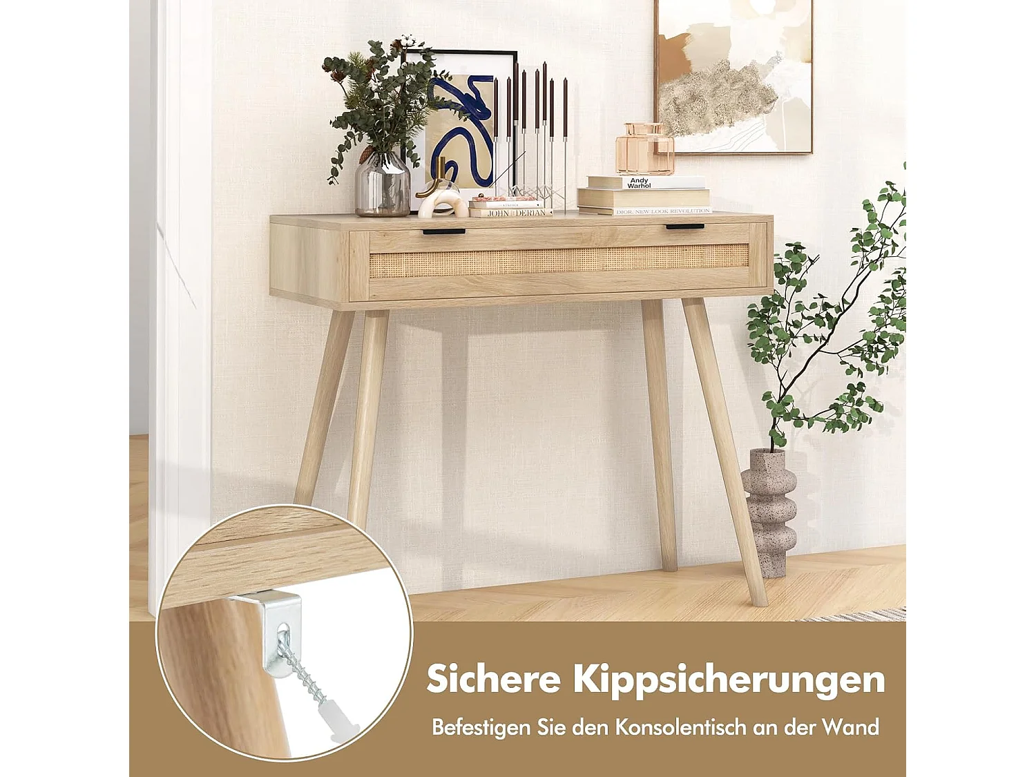 Consoletafel rotan, entreetafel van hout met lade, gangtafel in boho-stijl, bijzettafel voor hal, woonkamer, 88 x 40 x 77 cm, naturelVH33941