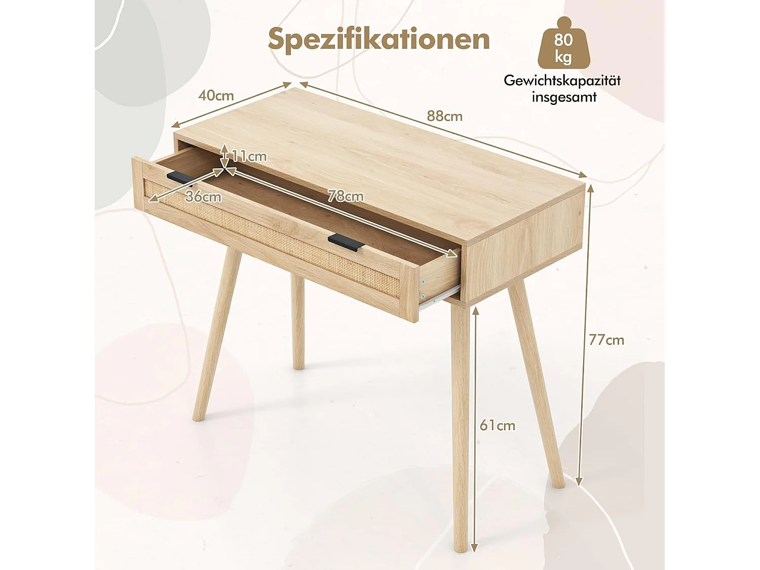 Consoletafel rotan, entreetafel van hout met lade, gangtafel in boho-stijl, bijzettafel voor hal, woonkamer, 88 x 40 x 77 cm, naturelVH33941
