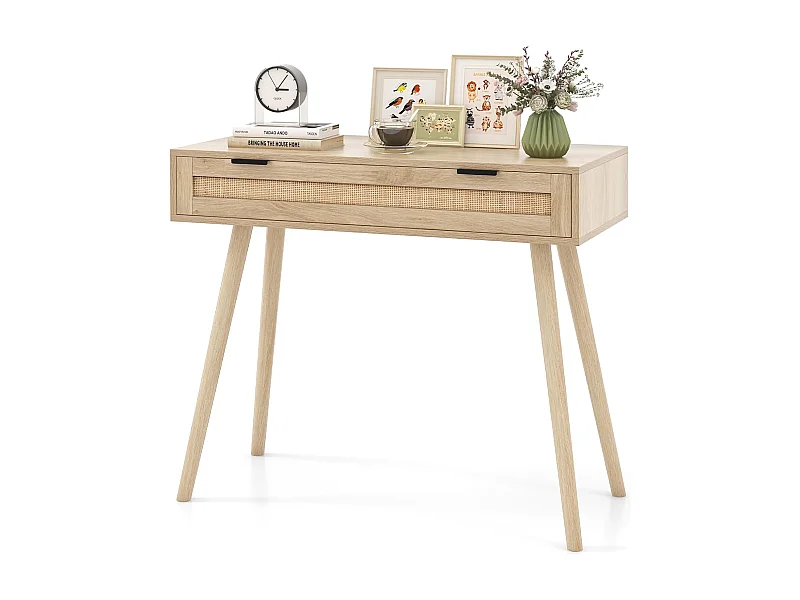 Consoletafel rotan, entreetafel van hout met lade, gangtafel in boho-stijl, bijzettafel voor hal, woonkamer, 88 x 40 x 77 cm, naturelVH33941