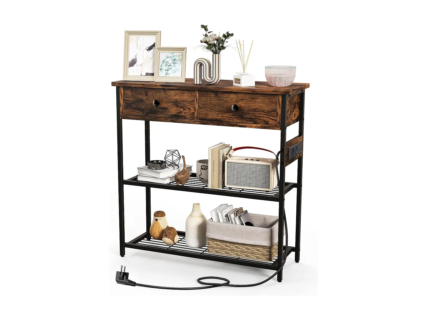 Consoletafel met laadstation, haltafel met 2 laden en 2 metalen roosterplanken, met stopcontacten en USB & TypeC-aansluitingen, bijzettafel vintage (bruin)VH33943