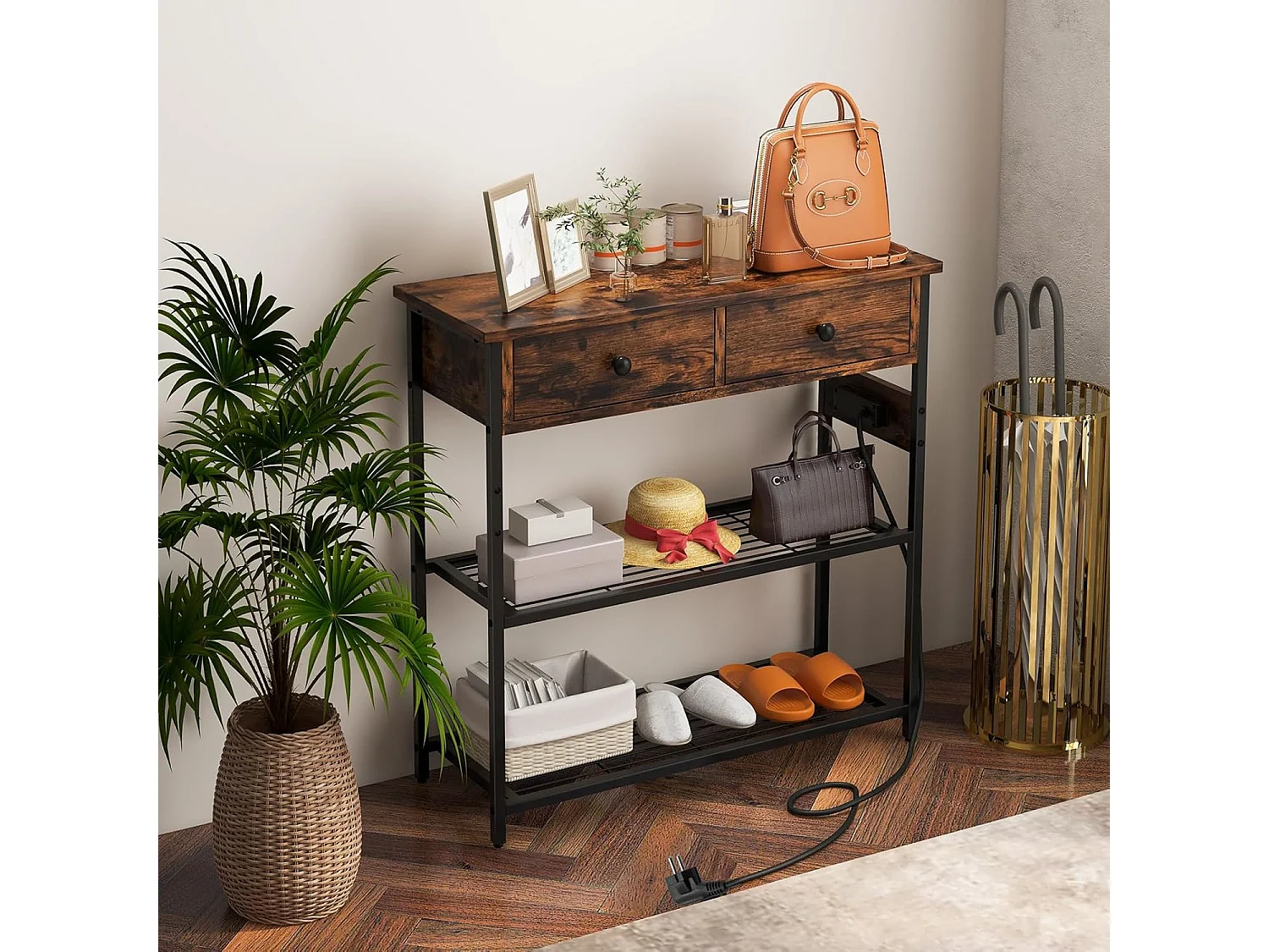 Consoletafel met laadstation, haltafel met 2 laden en 2 metalen roosterplanken, met stopcontacten en USB & TypeC-aansluitingen, bijzettafel vintage (bruin)VH33943