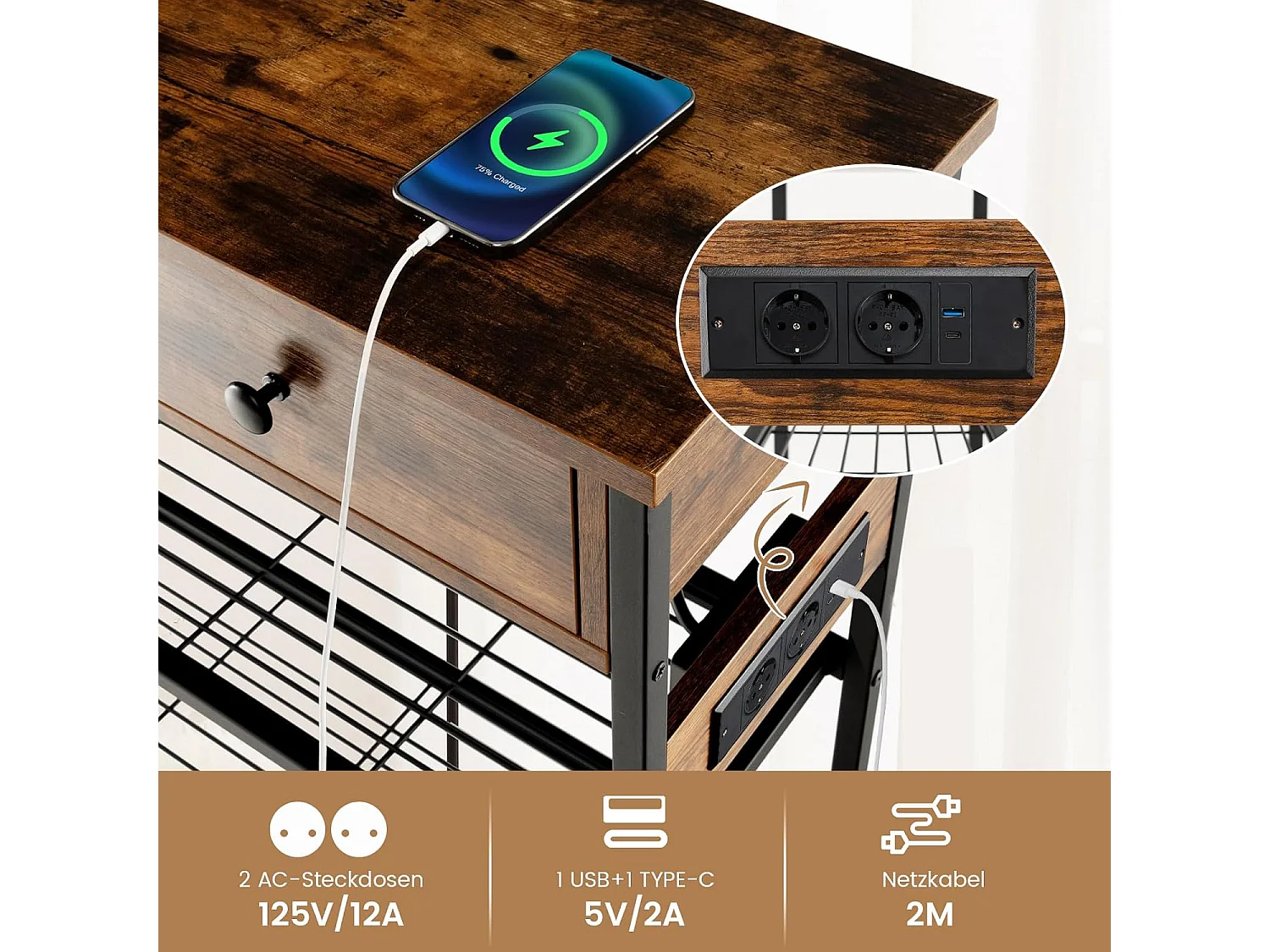 Consoletafel met laadstation, haltafel met 2 laden en 2 metalen roosterplanken, met stopcontacten en USB & TypeC-aansluitingen, bijzettafel vintage (bruin)VH33943