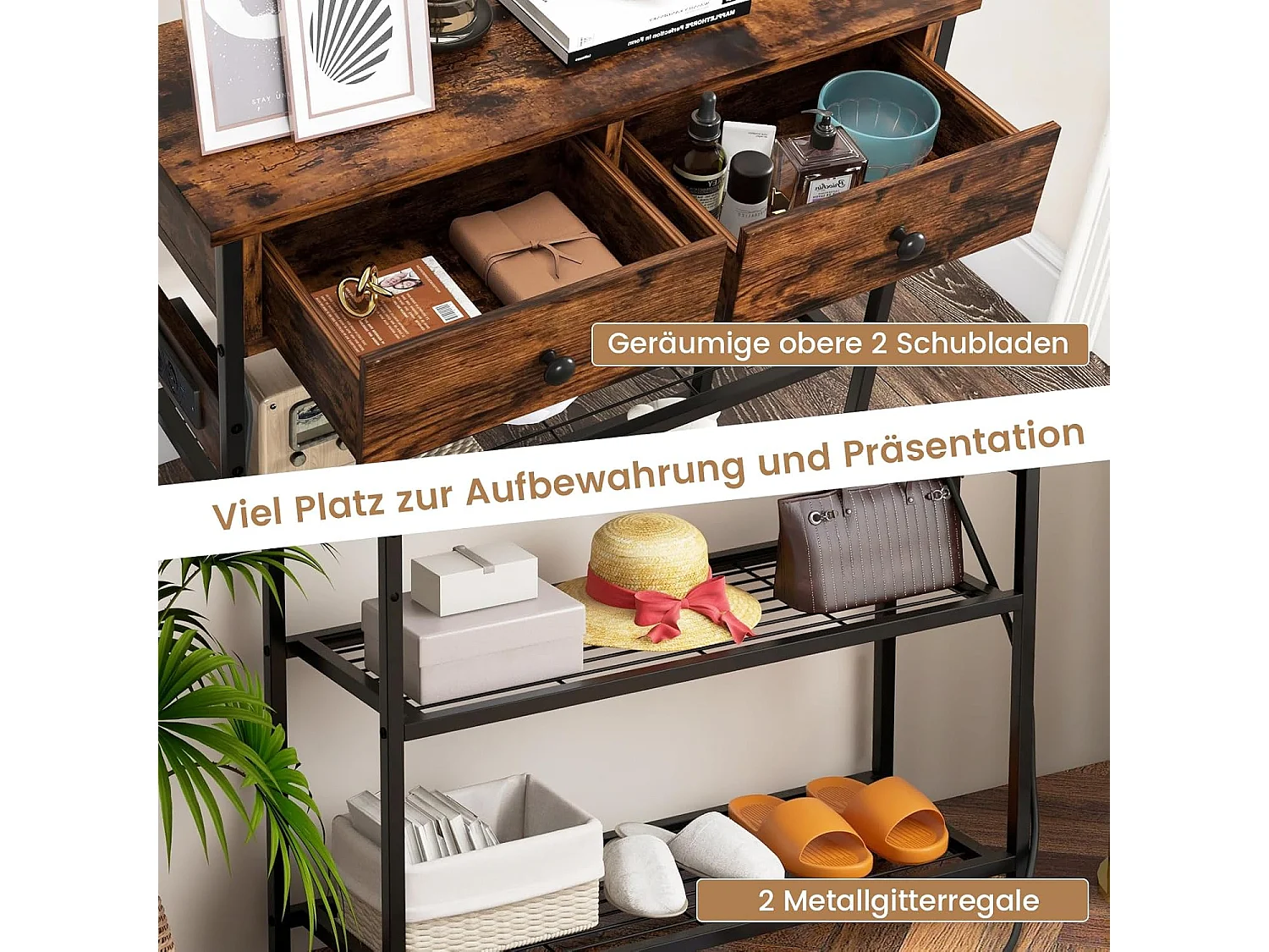 Consoletafel met laadstation, haltafel met 2 laden en 2 metalen roosterplanken, met stopcontacten en USB & TypeC-aansluitingen, bijzettafel vintage (bruin)VH33943