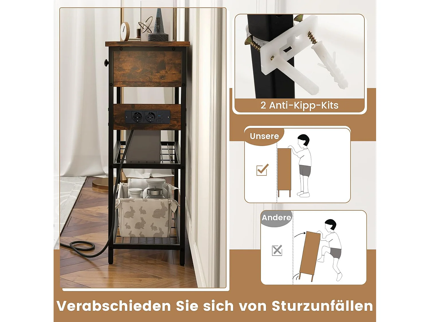 Consoletafel met laadstation, haltafel met 2 laden en 2 metalen roosterplanken, met stopcontacten en USB & TypeC-aansluitingen, bijzettafel vintage (bruin)VH33943