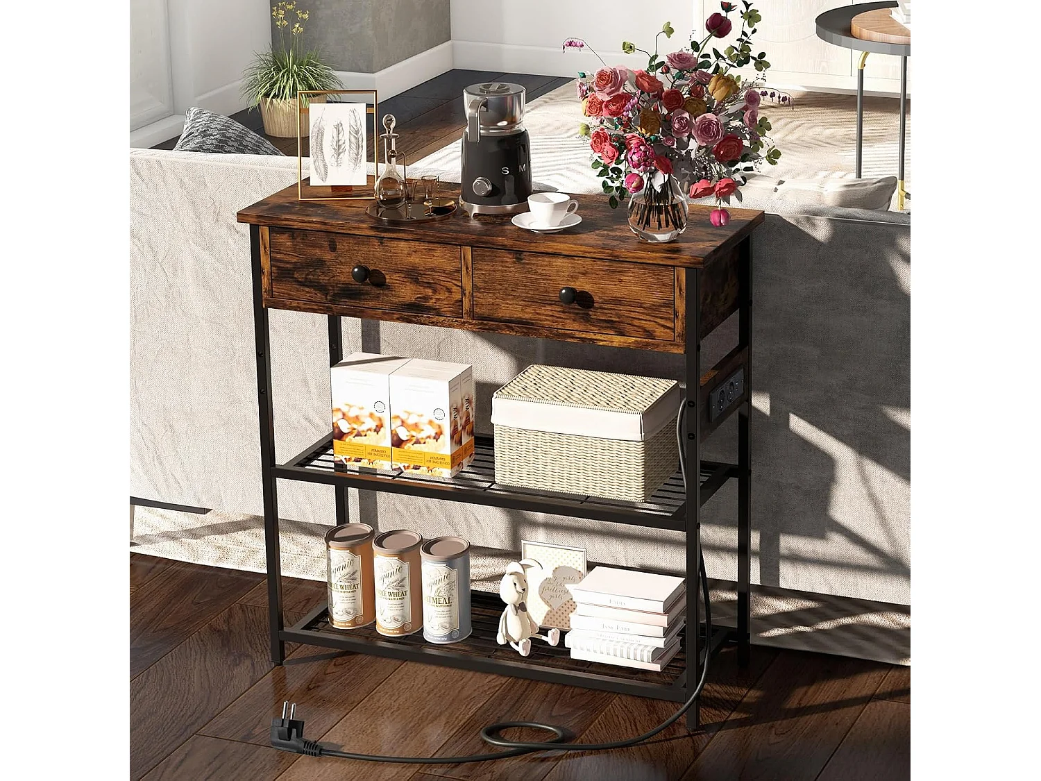 Consoletafel met laadstation, haltafel met 2 laden en 2 metalen roosterplanken, met stopcontacten en USB & TypeC-aansluitingen, bijzettafel vintage (bruin)VH33943