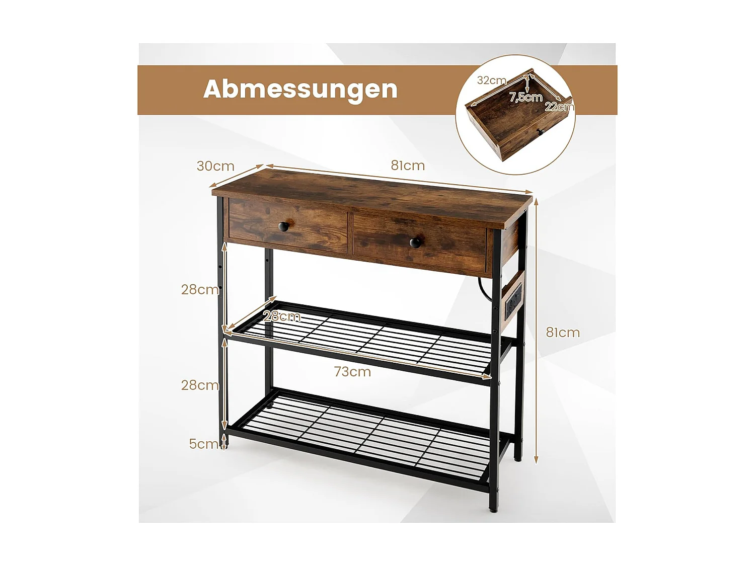 Consoletafel met laadstation, haltafel met 2 laden en 2 metalen roosterplanken, met stopcontacten en USB & TypeC-aansluitingen, bijzettafel vintage (bruin)VH33943