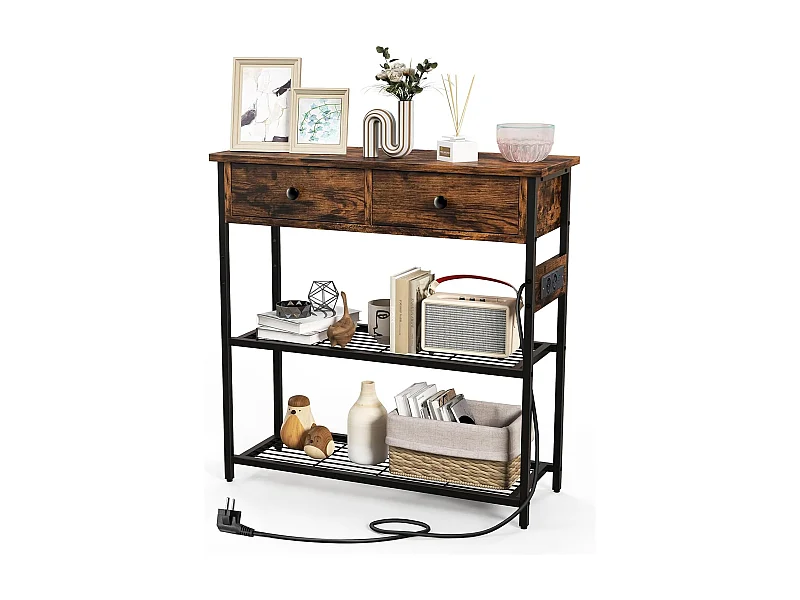 Consoletafel met laadstation, haltafel met 2 laden en 2 metalen roosterplanken, met stopcontacten en USB & TypeC-aansluitingen, bijzettafel vintage (bruin)VH33943