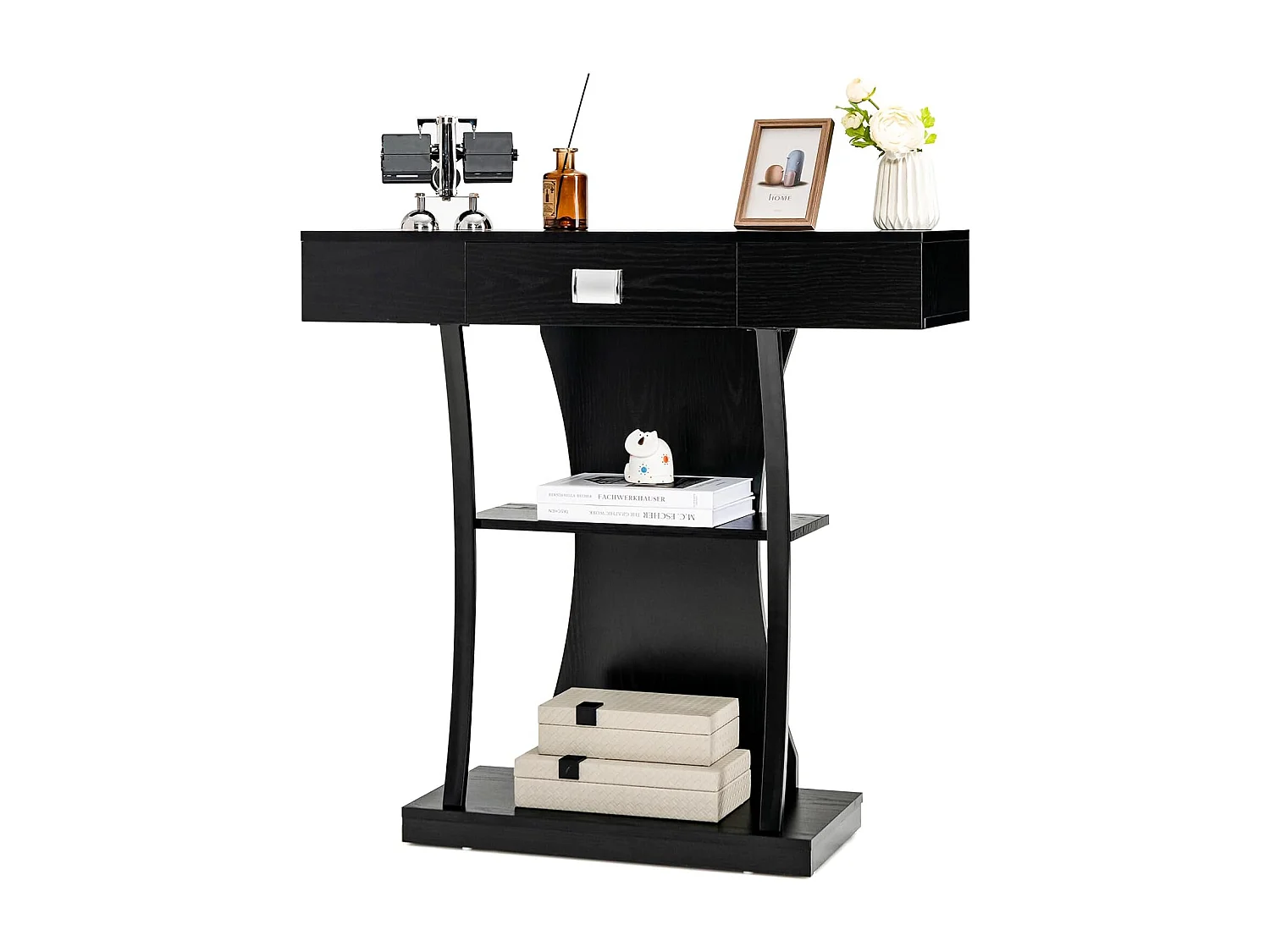 Consoletafel hout, met schuifladen, metalen frame en 2 planken, haltafel, smal, bijzettafel met kantelbeveiliging, voor entree en woonkamer (zwart)VH32710