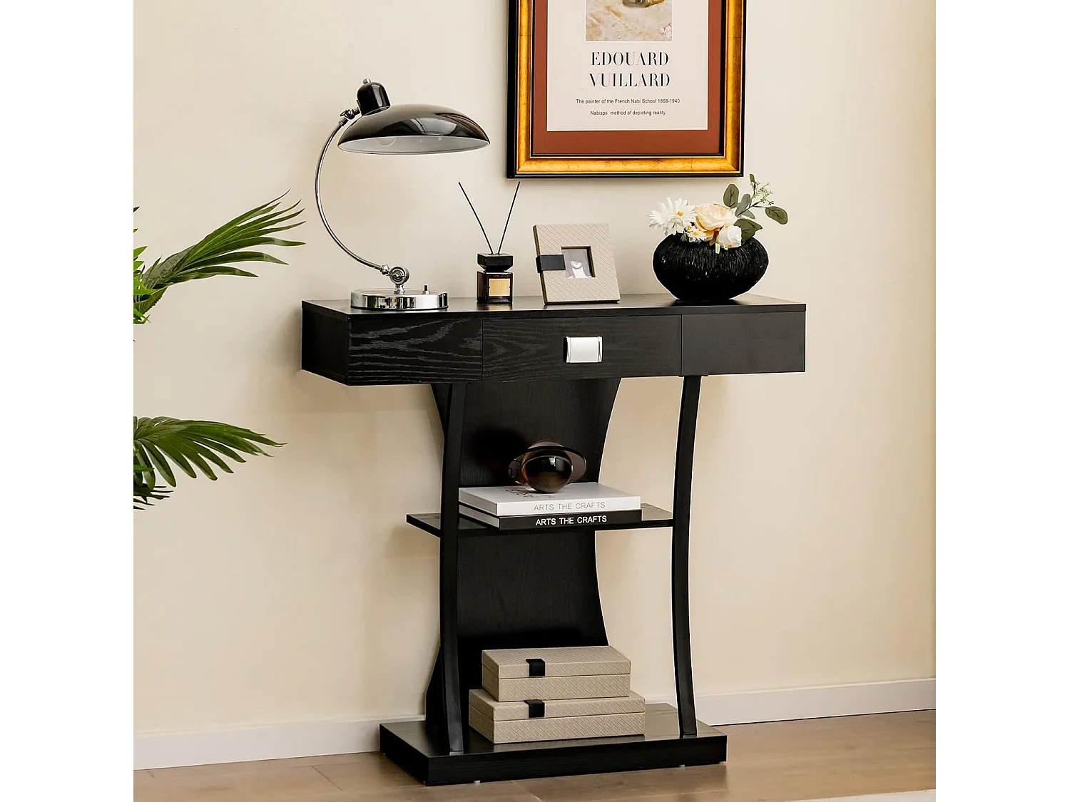 Consoletafel hout, met schuifladen, metalen frame en 2 planken, haltafel, smal, bijzettafel met kantelbeveiliging, voor entree en woonkamer (zwart)VH32710