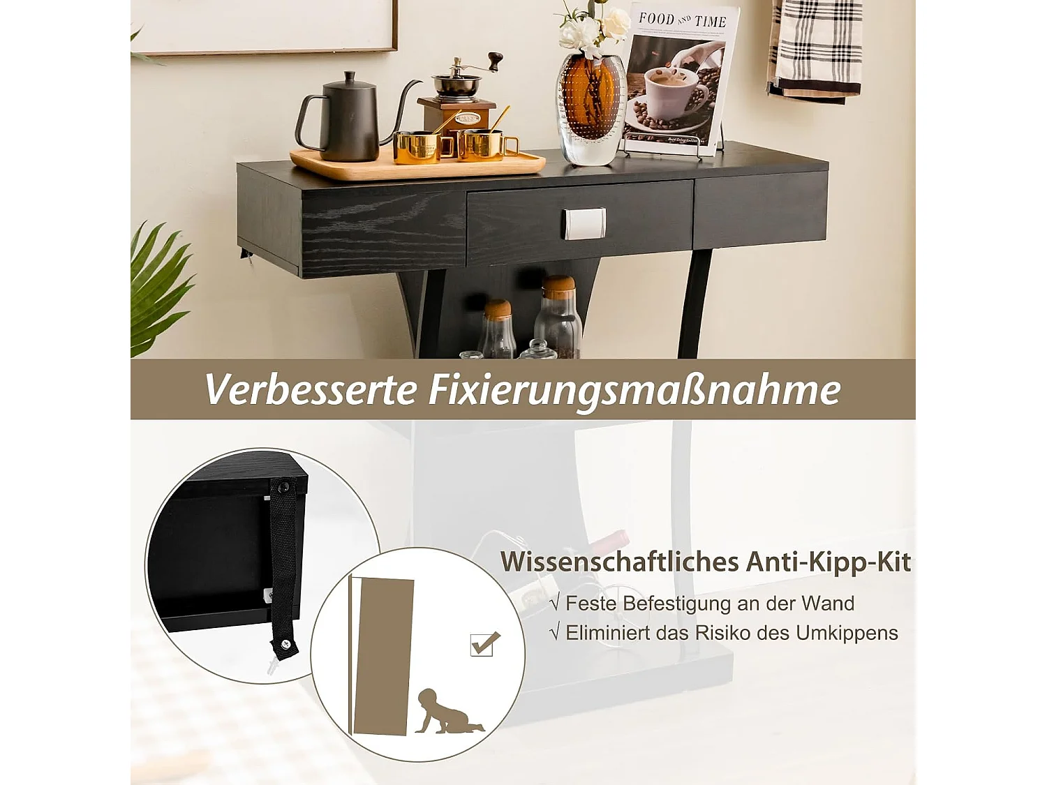 Consoletafel hout, met schuifladen, metalen frame en 2 planken, haltafel, smal, bijzettafel met kantelbeveiliging, voor entree en woonkamer (zwart)VH32710