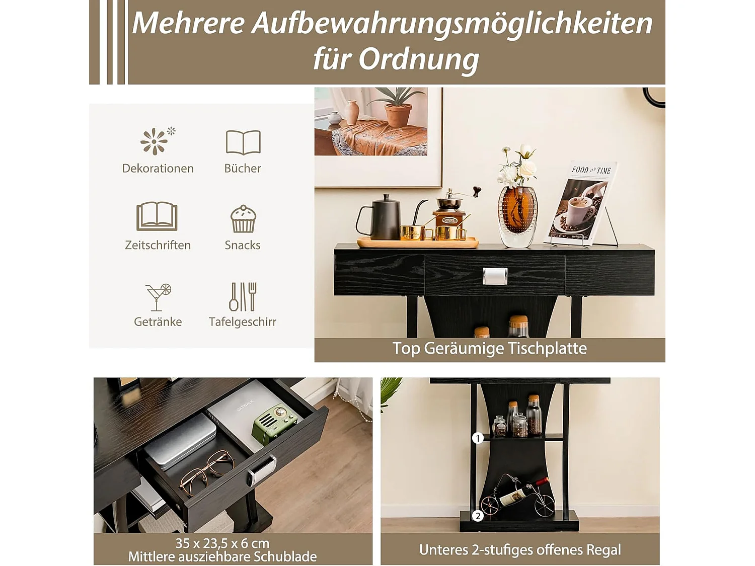 Consoletafel hout, met schuifladen, metalen frame en 2 planken, haltafel, smal, bijzettafel met kantelbeveiliging, voor entree en woonkamer (zwart)VH32710