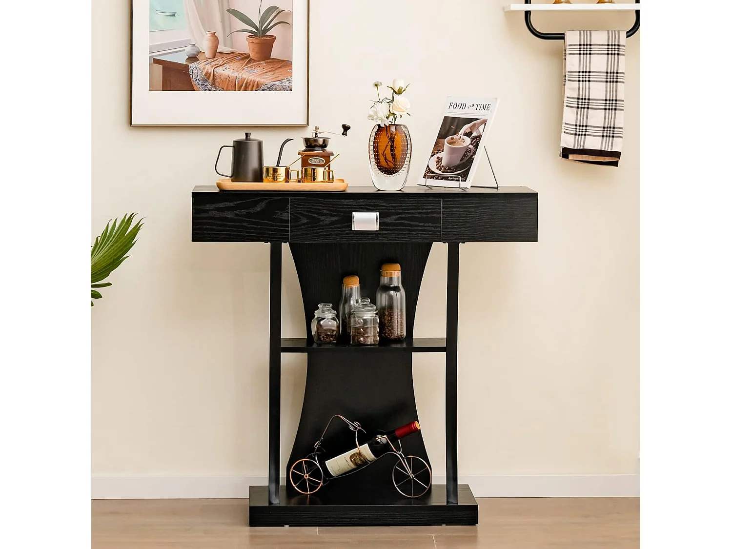 Consoletafel hout, met schuifladen, metalen frame en 2 planken, haltafel, smal, bijzettafel met kantelbeveiliging, voor entree en woonkamer (zwart)VH32710