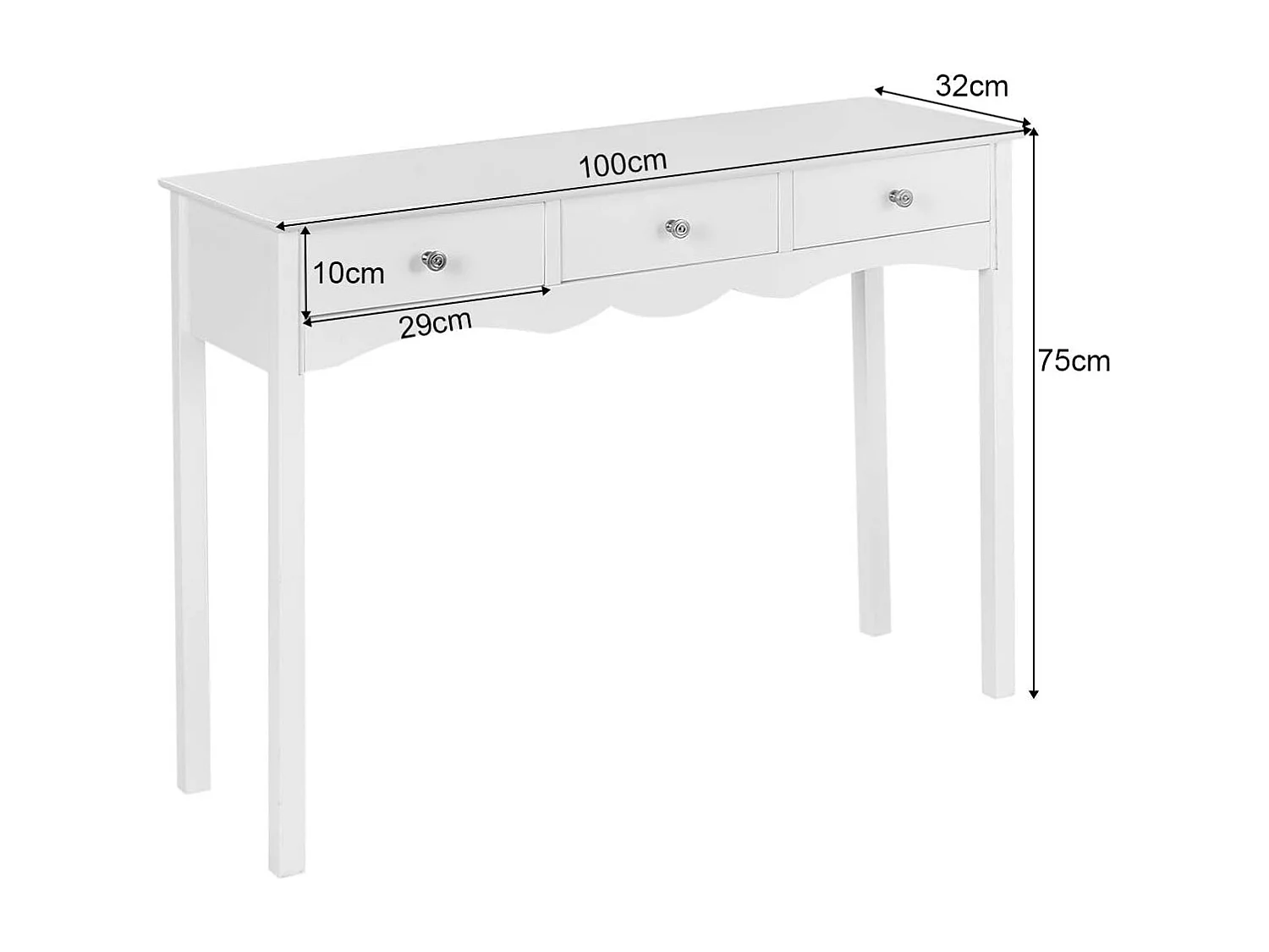 2-in-1 make-uptafel & bureau, consoletafel met 3 laden, make-uptafel voor slaapkamer, computertafel,thuiskantoor,werktafel,kaptafel, 100 x 32 x 75 cm (wit)TI78307