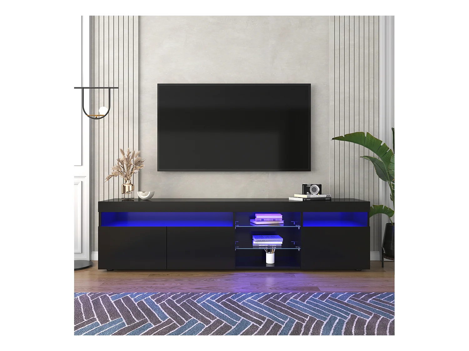 Meuble TV avec 3 portes, 5 niches et LED, noir