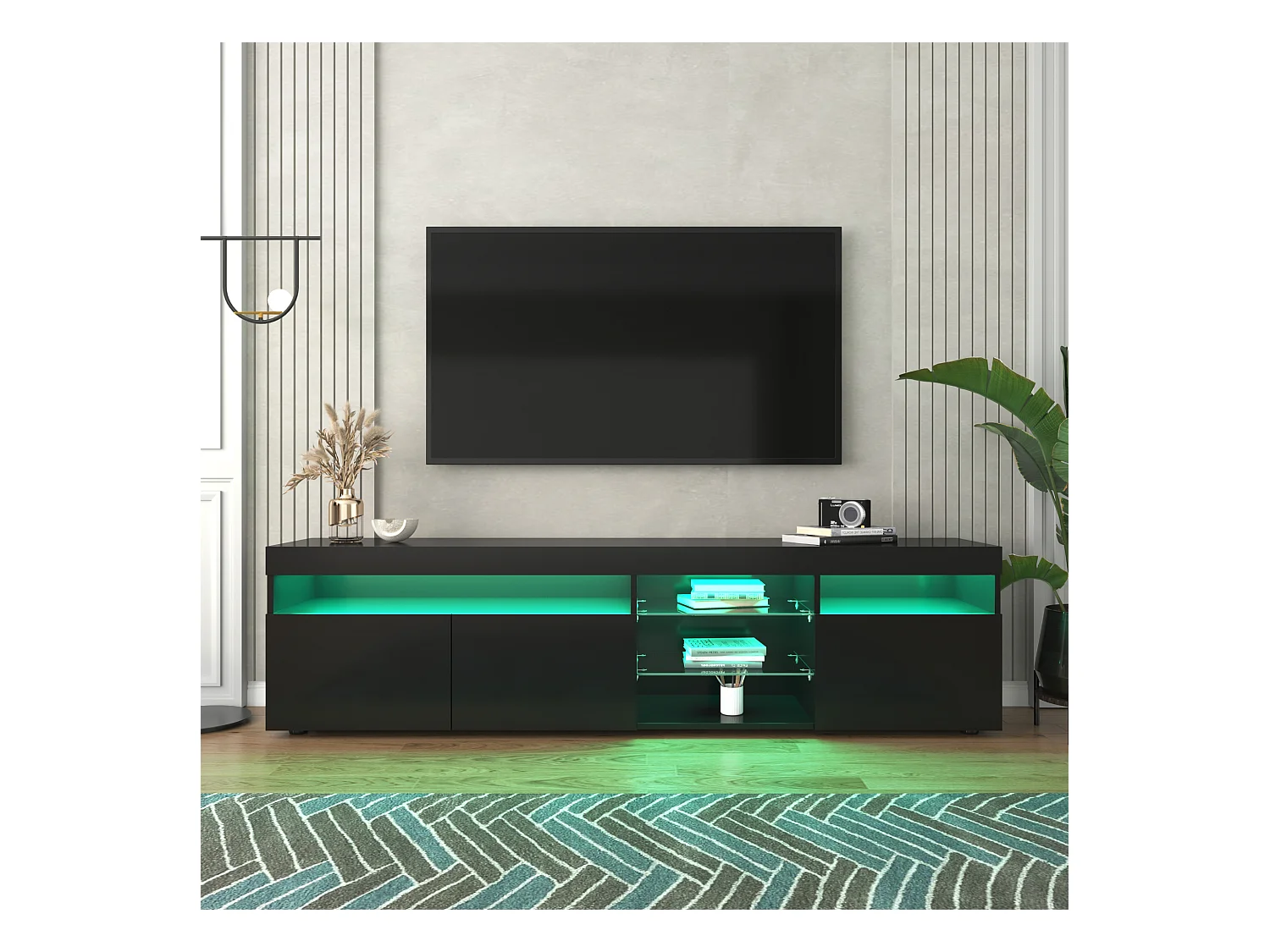 Meuble TV avec 3 portes, 5 niches et LED, noir