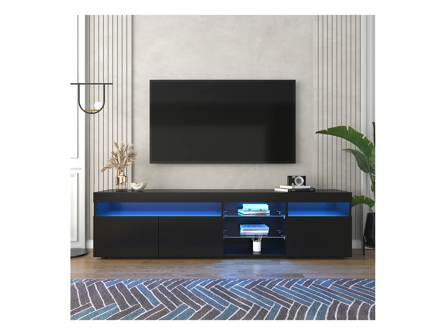 Meuble TV avec 3 portes, 5 niches et LED, noir