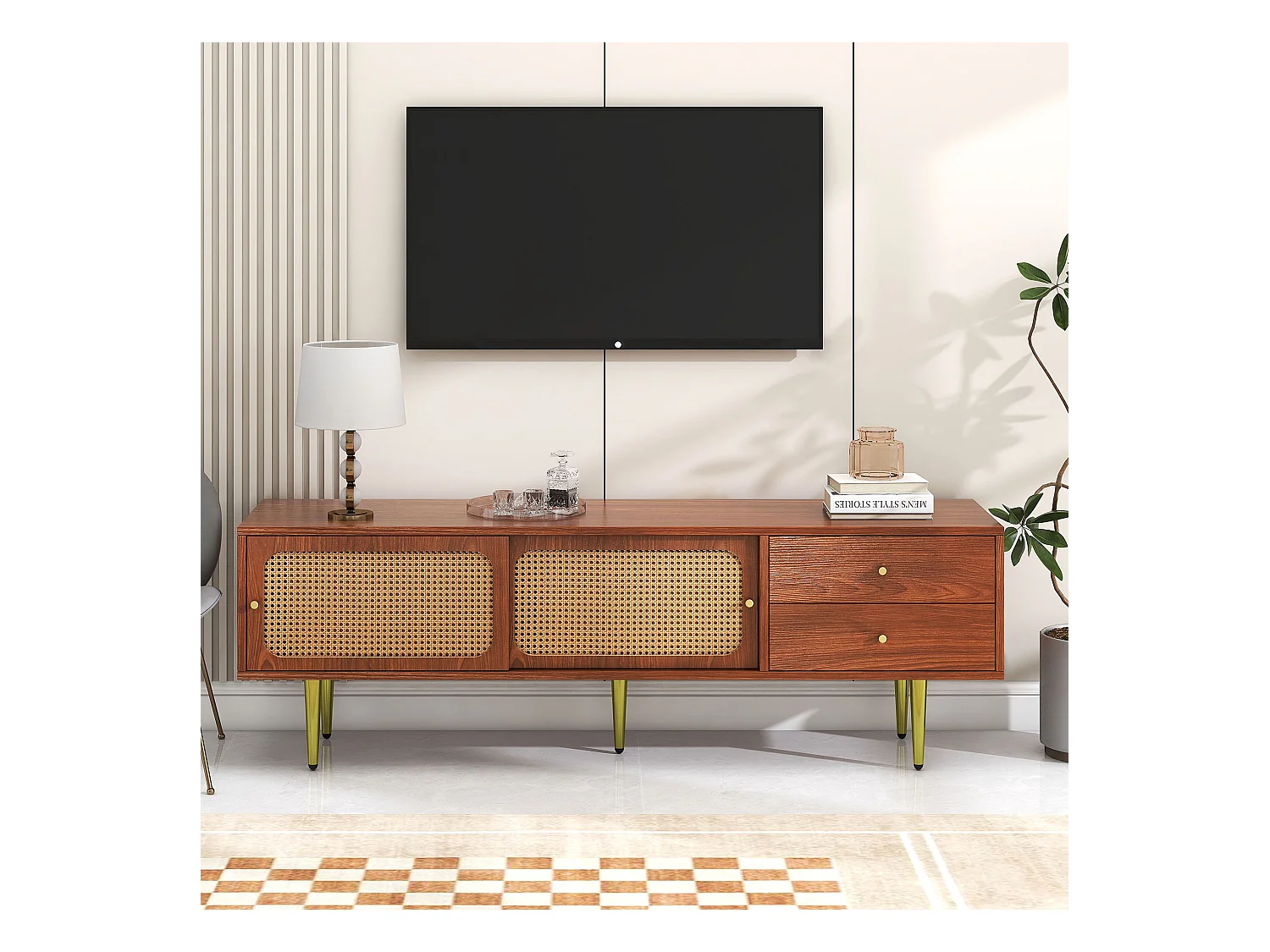 Meuble TV avec 2 portes coulissantes en rotin et 2 tiroirs, en placage noyer marron