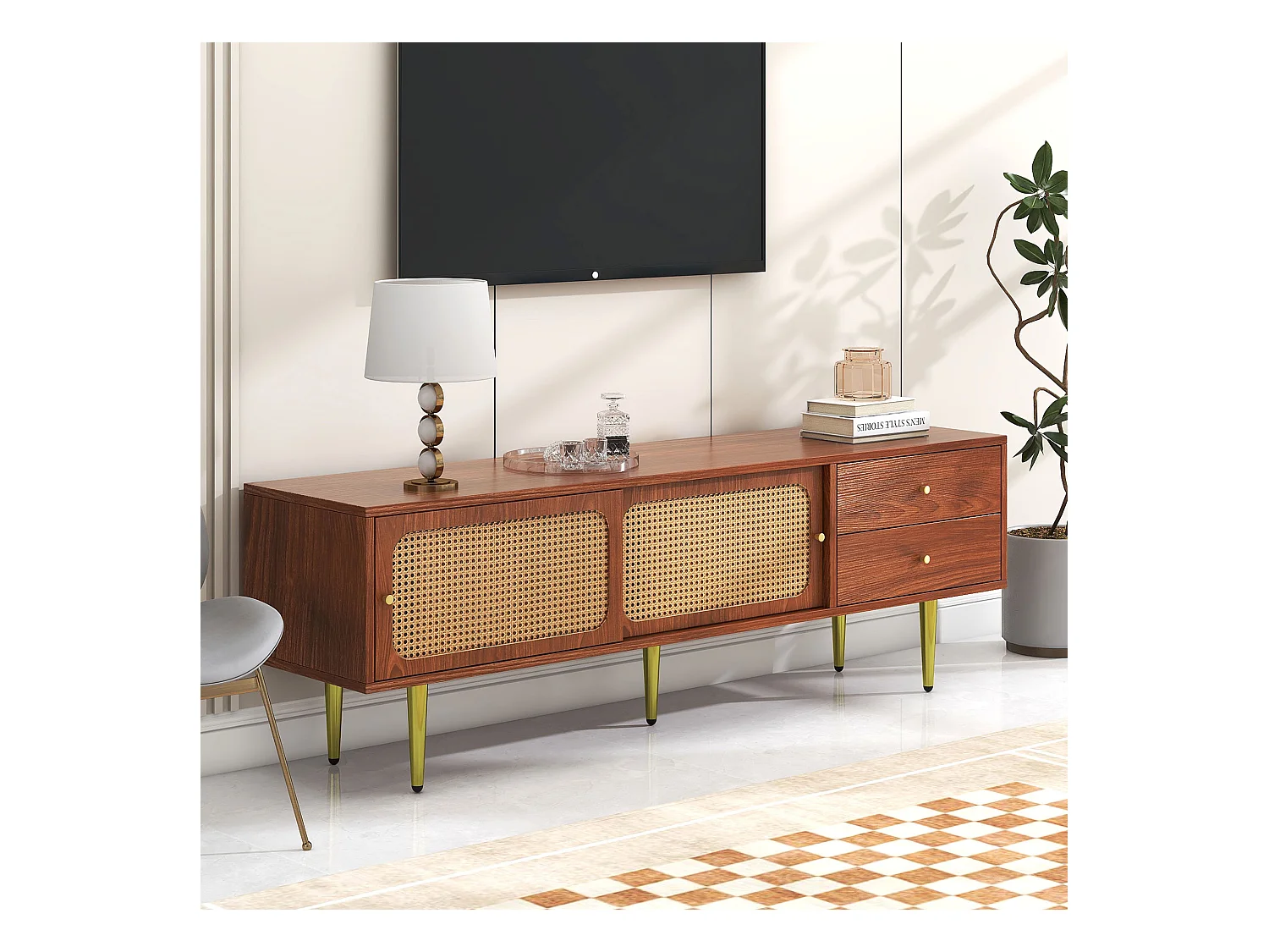 Meuble TV avec 2 portes coulissantes en rotin et 2 tiroirs, en placage noyer marron