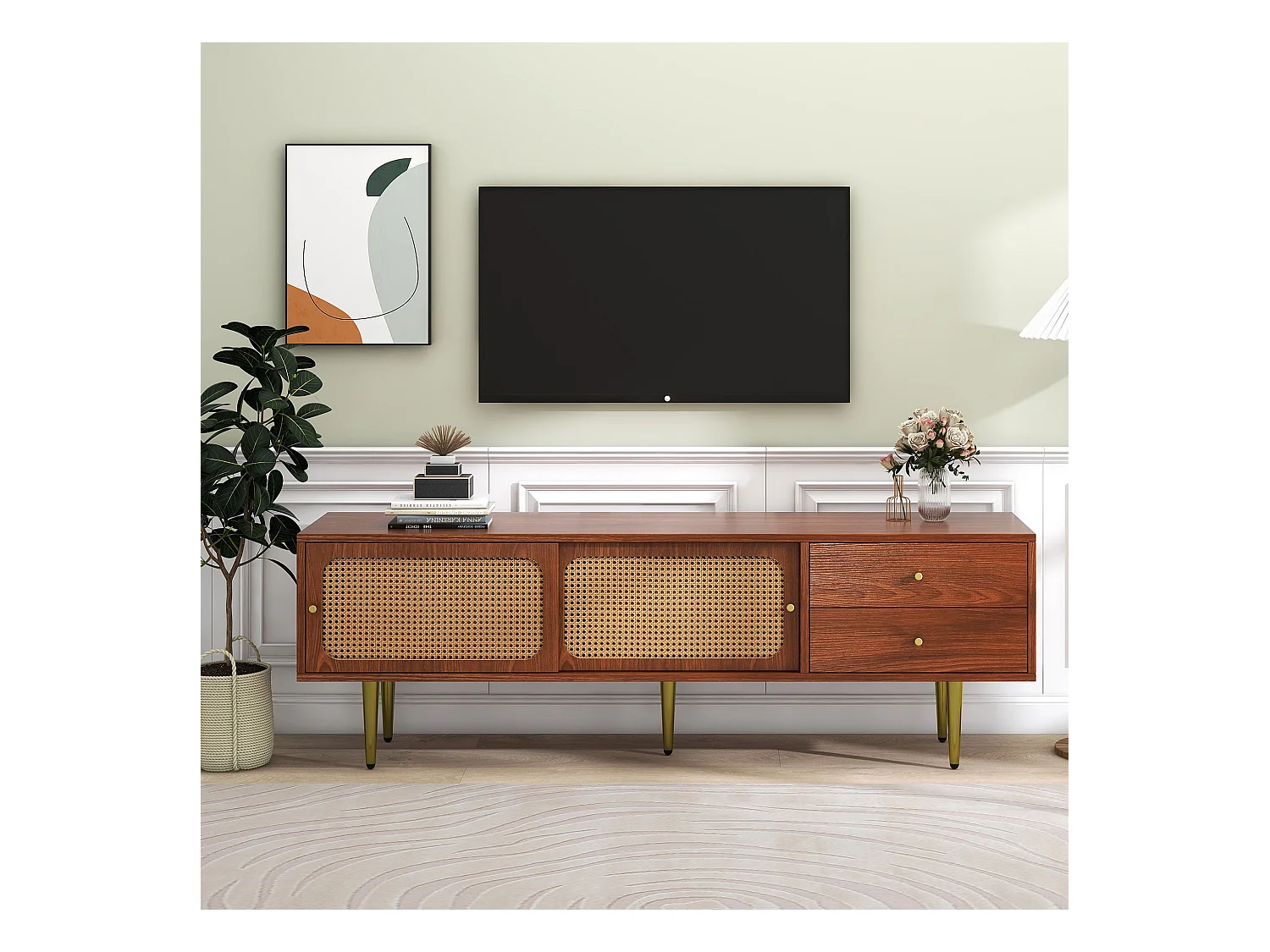 Meuble TV avec 2 portes coulissantes en rotin et 2 tiroirs, en placage noyer marron