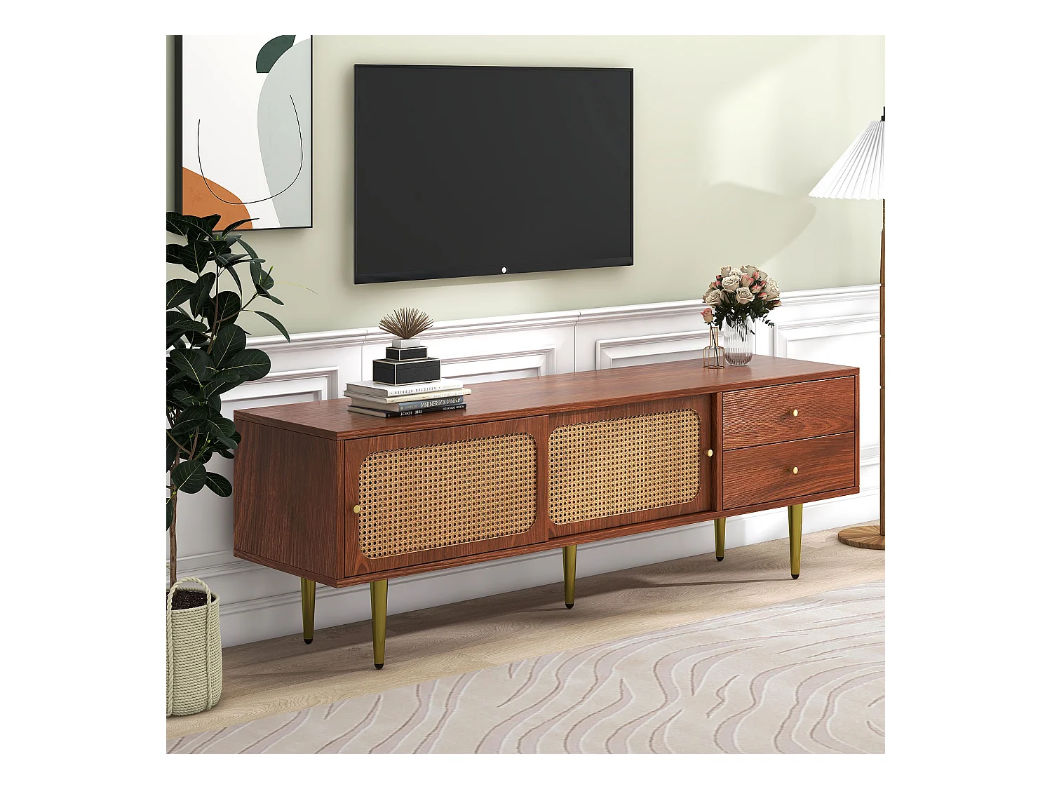 Meuble TV avec 2 portes coulissantes en rotin et 2 tiroirs, en placage noyer marron