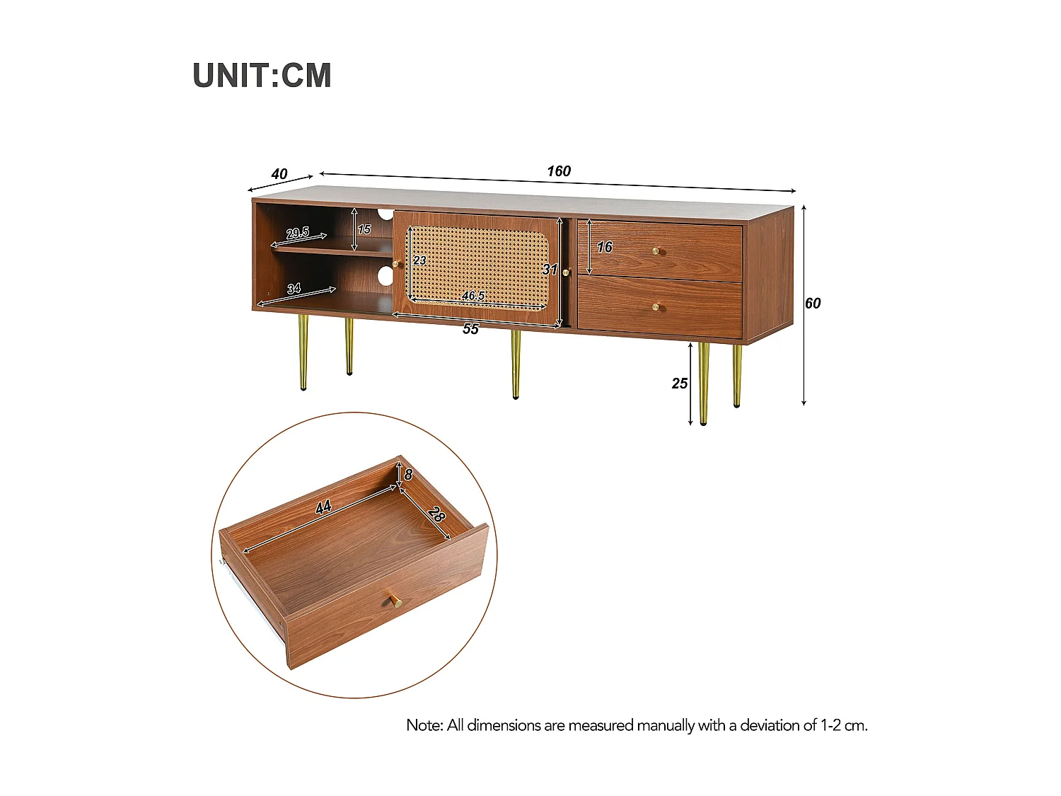 Meuble TV avec 2 portes coulissantes en rotin et 2 tiroirs, en placage noyer marron