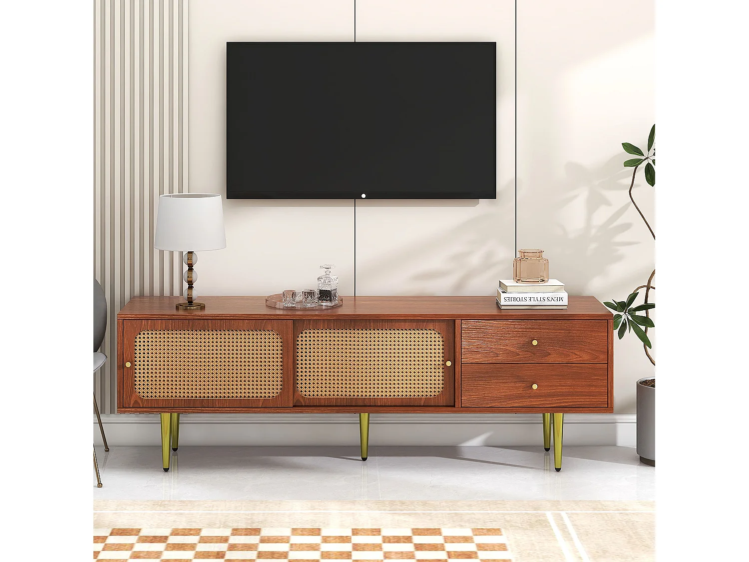 Meuble TV avec 2 portes coulissantes en rotin et 2 tiroirs, en placage noyer marron