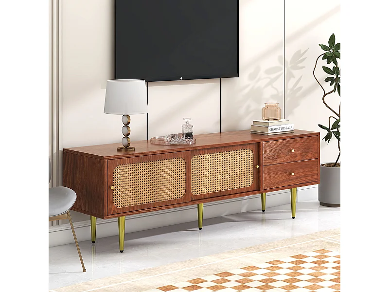 Meuble TV avec 2 portes coulissantes en rotin et 2 tiroirs, en placage noyer marron