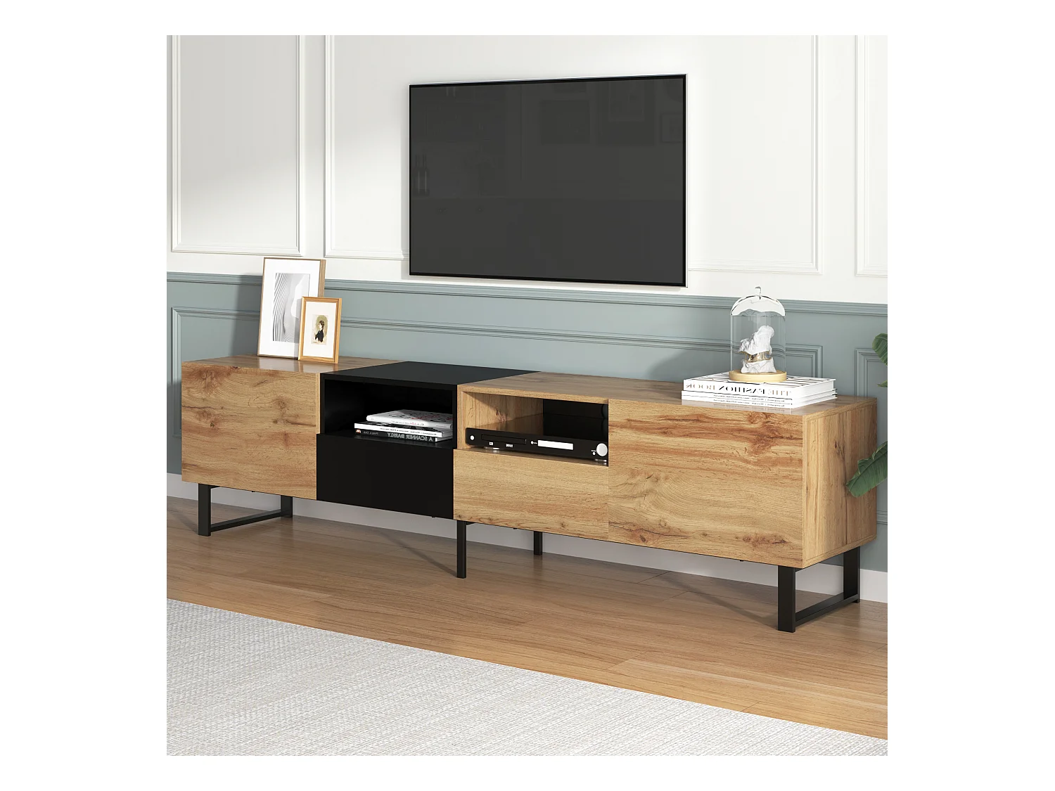 Meuble TV avec 2 portes, 2 tiroirs et 2 niches, en noir et placage bois naturel