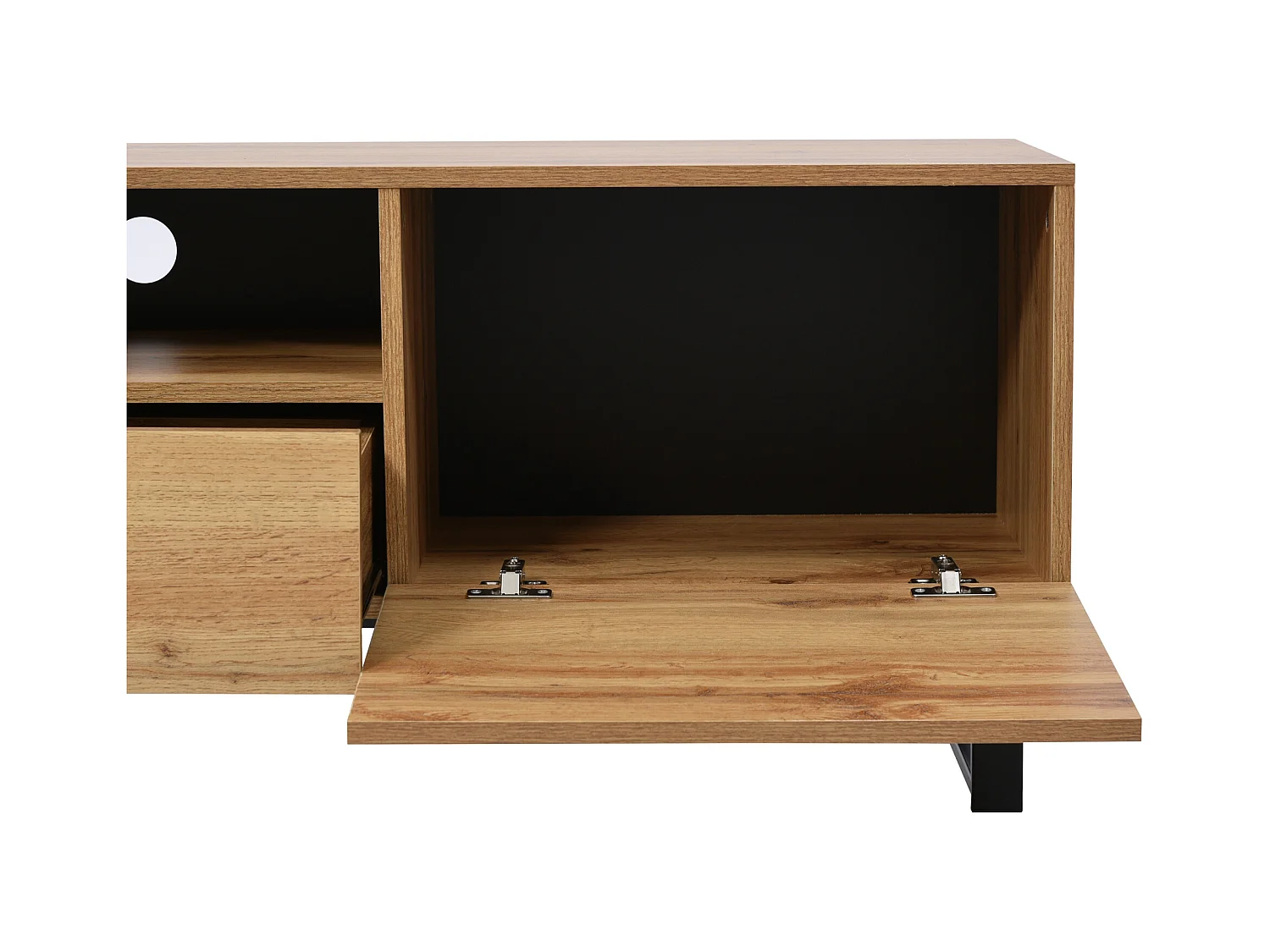 Meuble TV avec 2 portes, 2 tiroirs et 2 niches, en noir et placage bois naturel