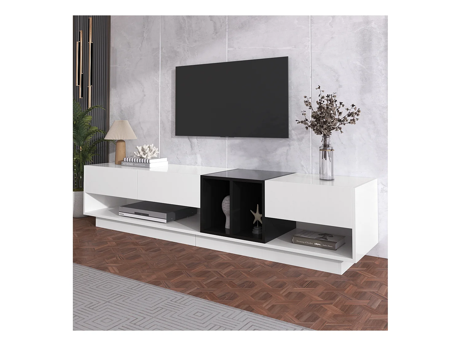 Meuble TV avec 3 tiroirs et 5 niches, corps en blanc et noir laqué