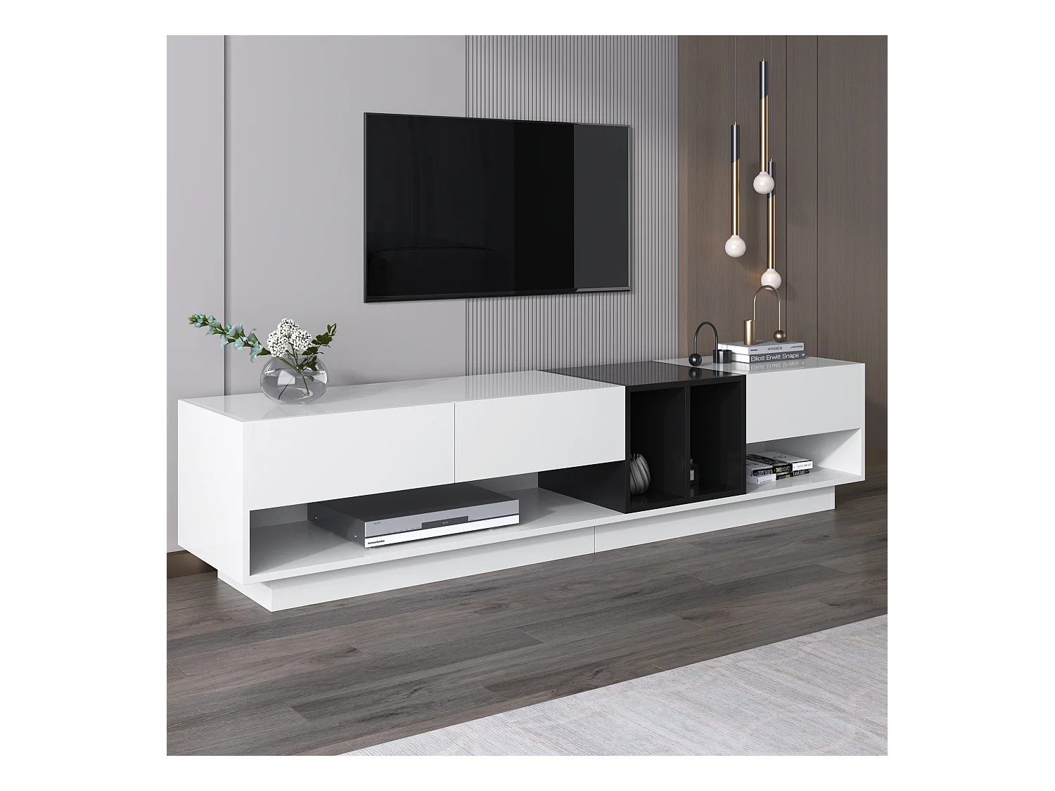 Meuble TV avec 3 tiroirs et 5 niches, corps en blanc et noir laqué