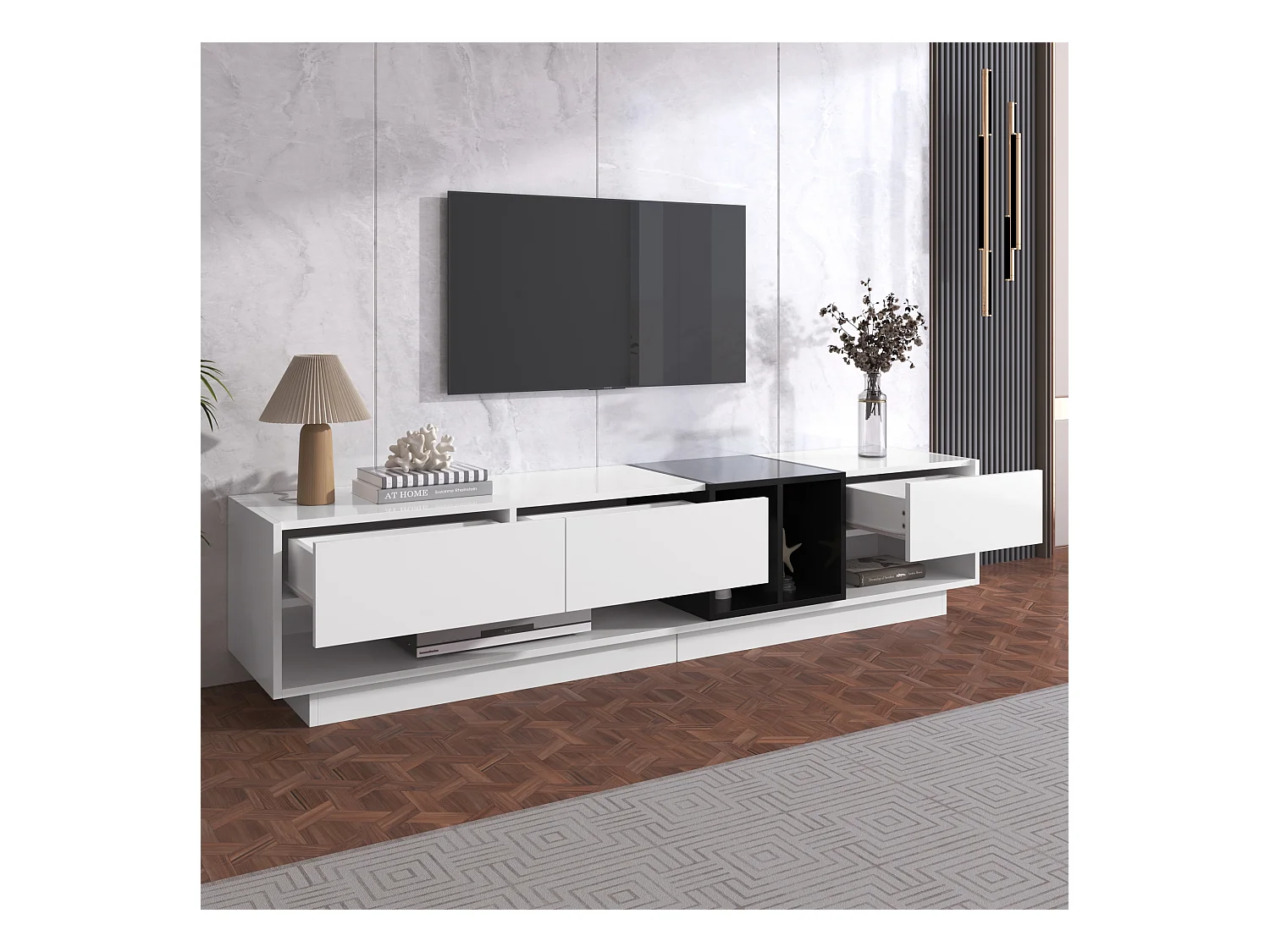 Meuble TV avec 3 tiroirs et 5 niches, corps en blanc et noir laqué