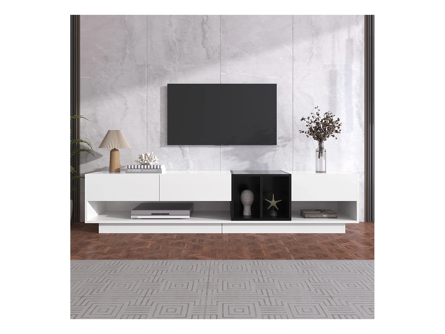 Mobile porta TV con 3 cassetti e 5 nicchie, corpo laccato bianco e nero