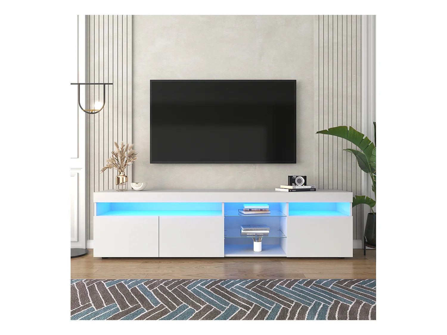Meuble TV avec 3 portes, 5 niches et LED, blanc