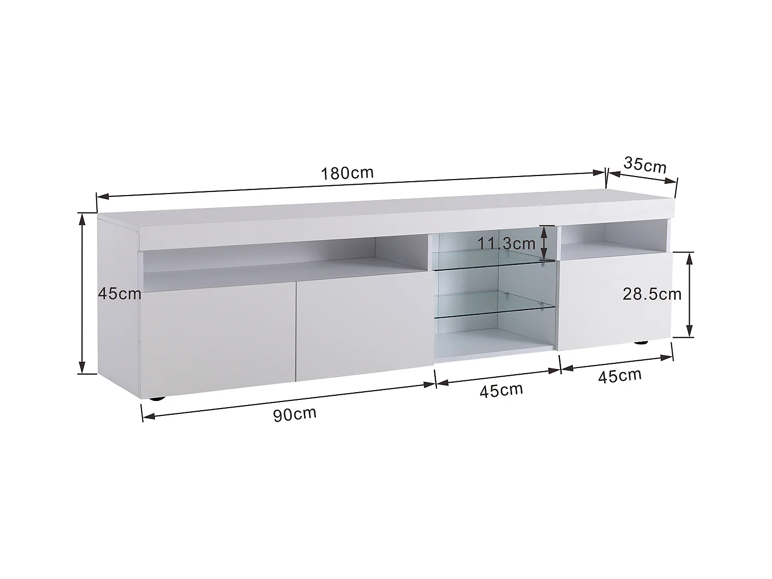 Meuble TV avec 3 portes, 5 niches et LED, blanc