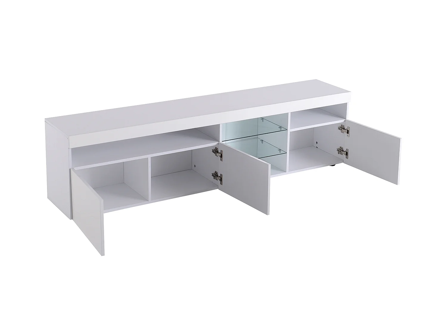 Meuble TV avec 3 portes, 5 niches et LED, blanc