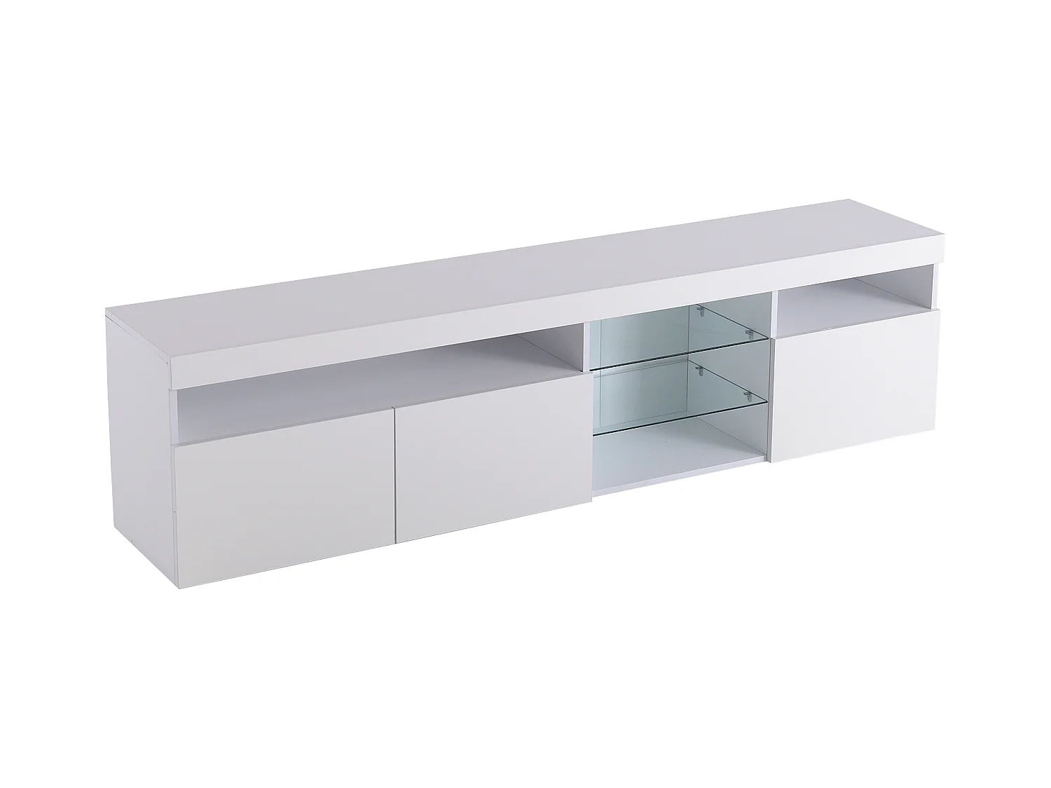 Meuble TV avec 3 portes, 5 niches et LED, blanc