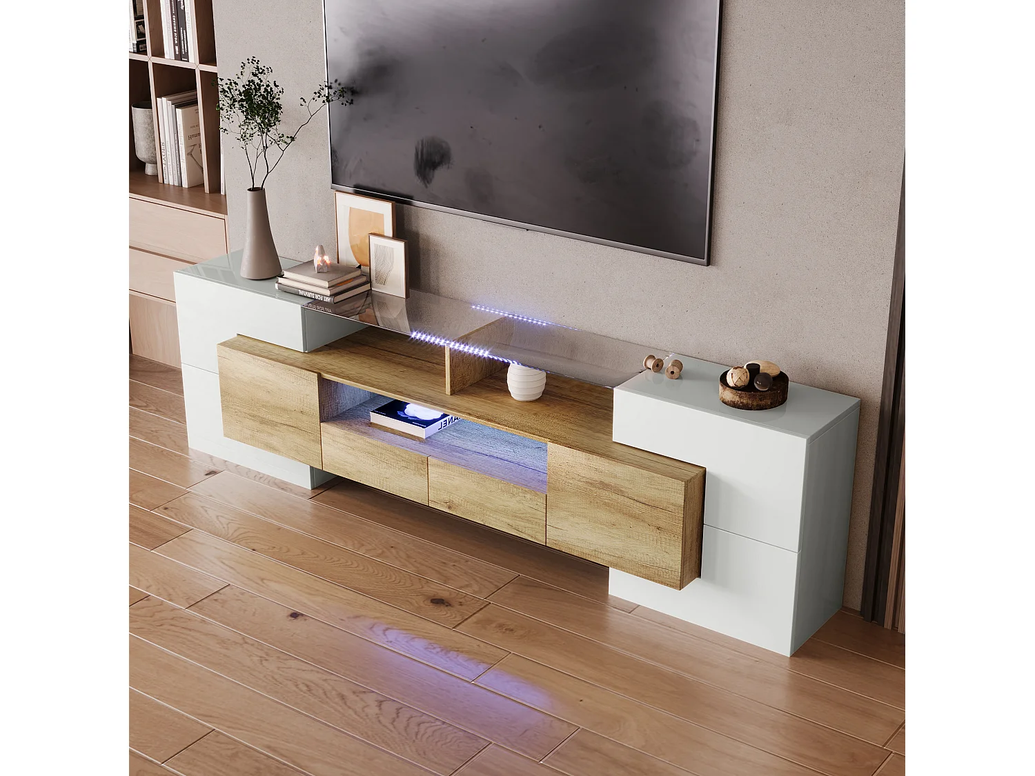 TV-meubel met 6 deuren, 2 lades en 3 nissen met LED, glanzend wit en licht natuurlijk