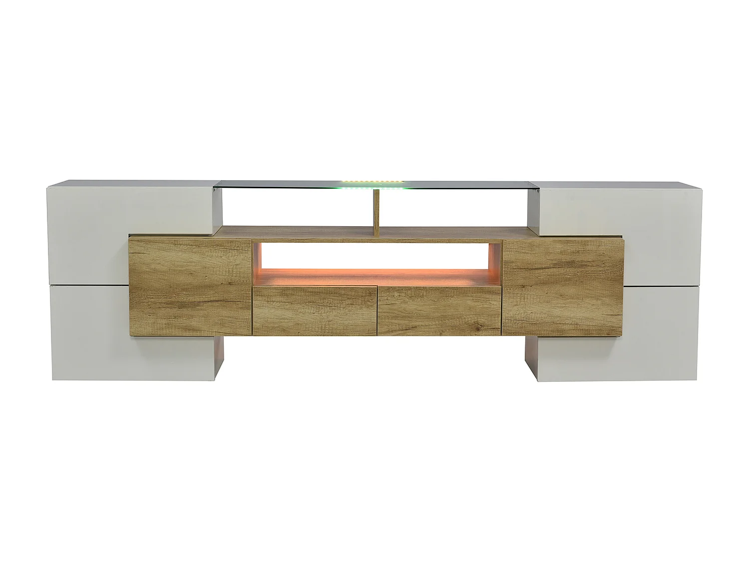 TV-meubel met 6 deuren, 2 lades en 3 nissen met LED, glanzend wit en licht natuurlijk