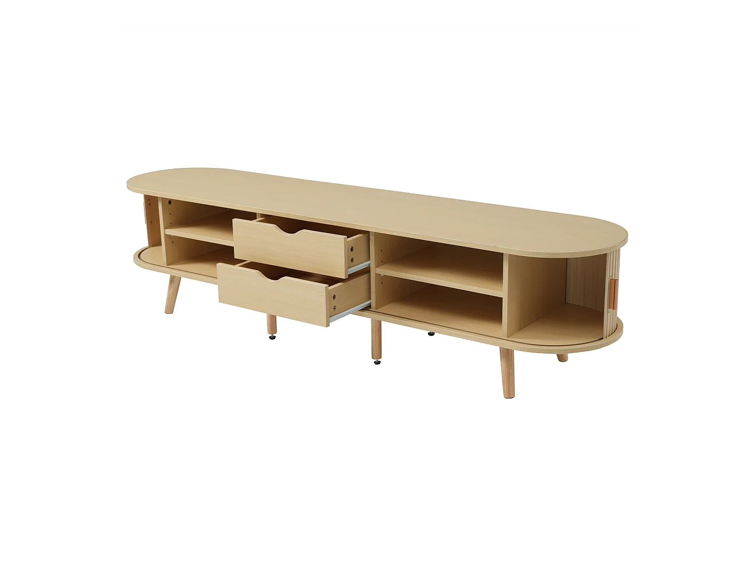 Meuble TV avec 2 portes coulissantes et 2 tiroirs, en placage noyer clair